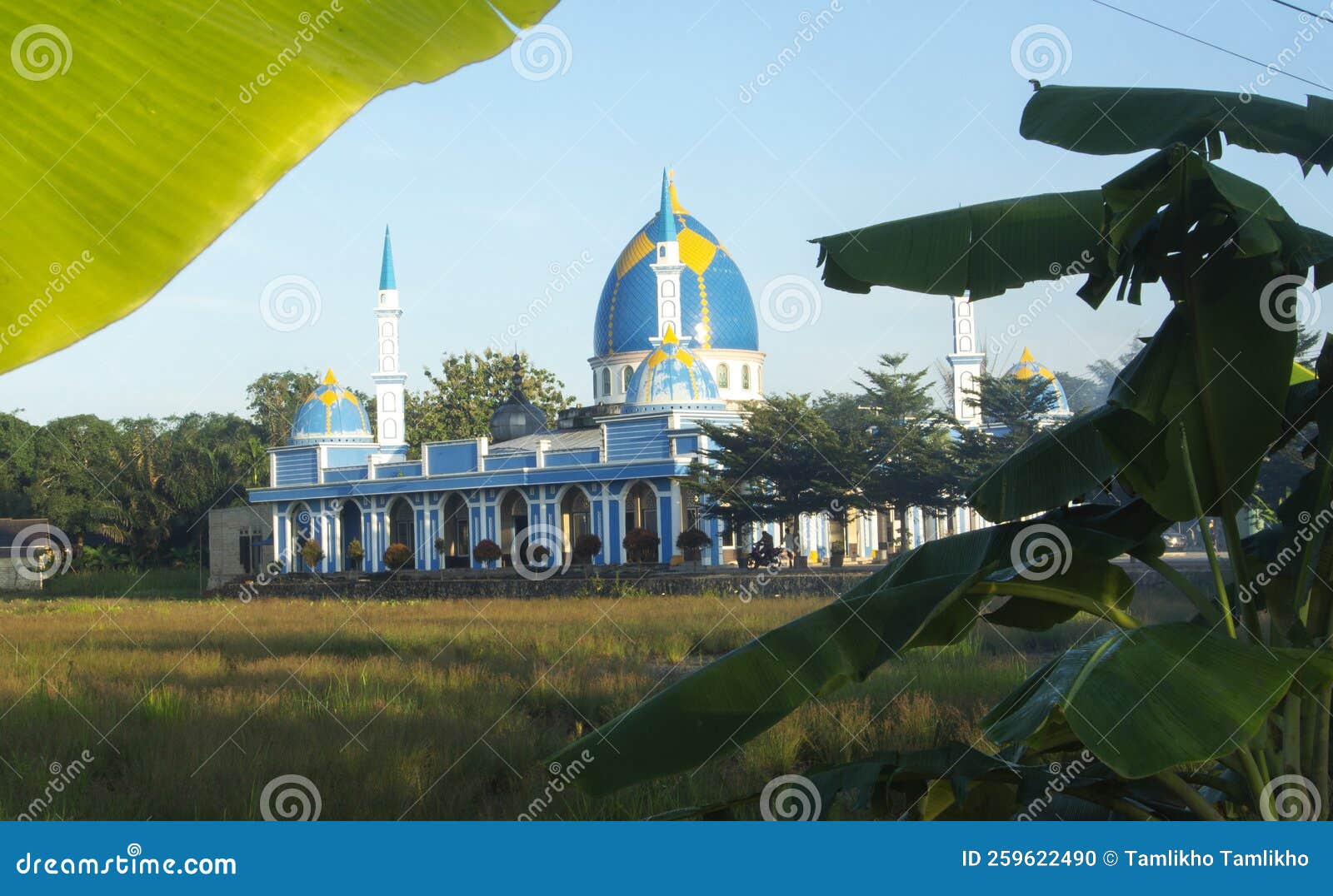 The View of the Mosque between the Leaves and Banana Trees Stock Photo