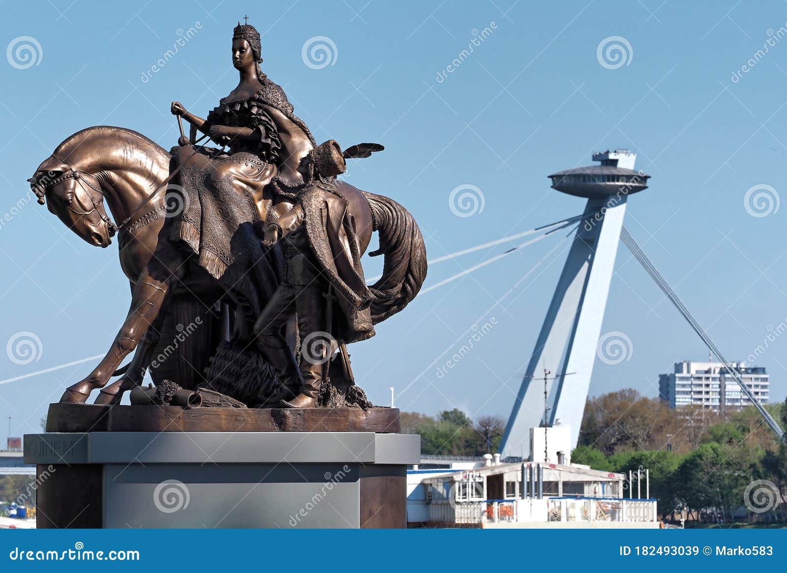view of most snp and equestrian statue  of monarch maria theresia in bratislava
