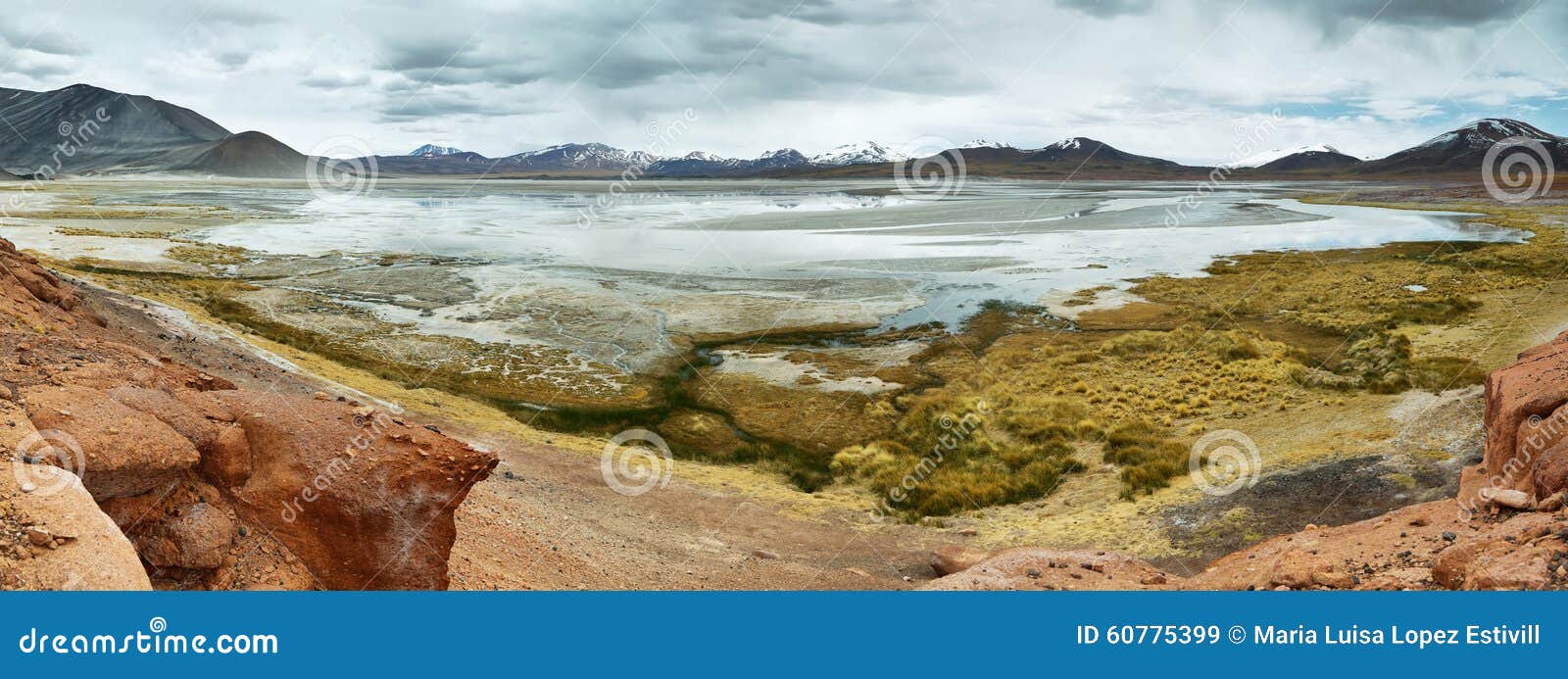 view of mountains and aguas calientes or piedras rojas salt lake in sico pass