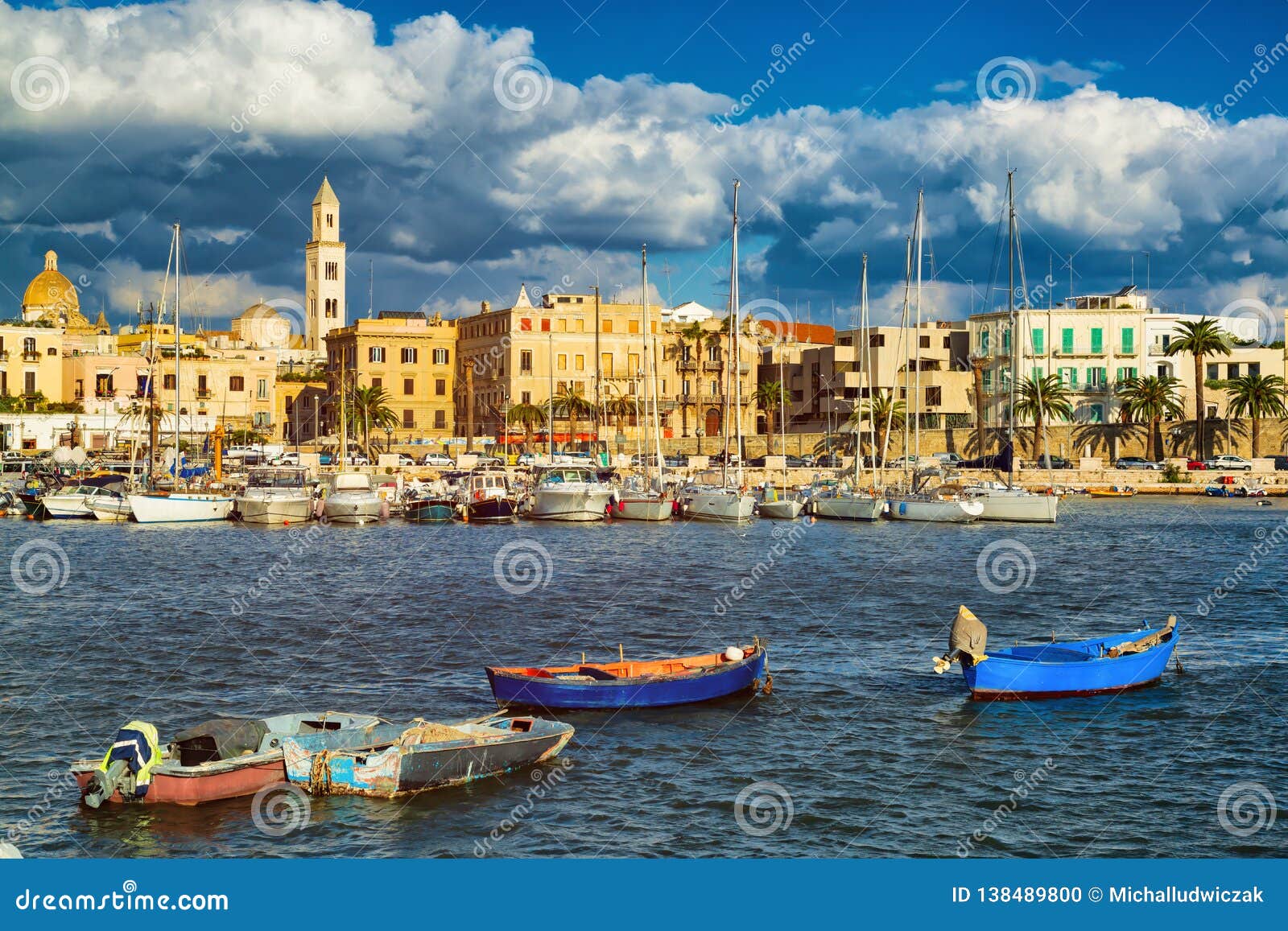 view of a nice fishing harbor and marina in bari, puglia region, italy