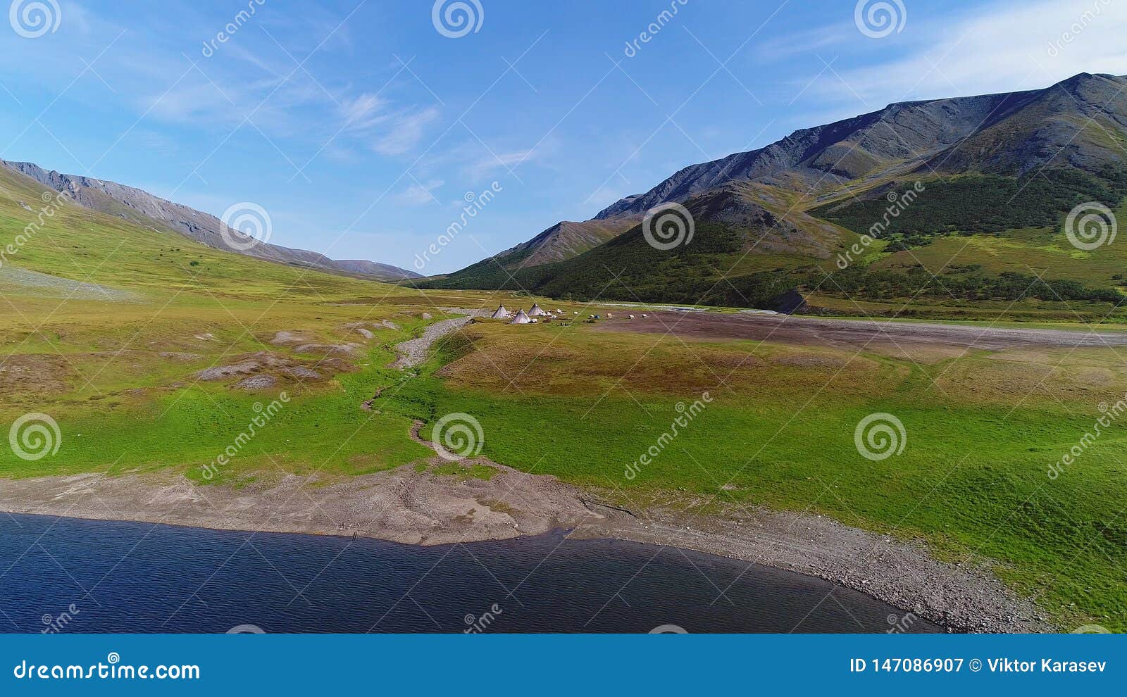 view of the nomadic reindeer herders camp in the polar urals survey from a quadcopter. yamal
