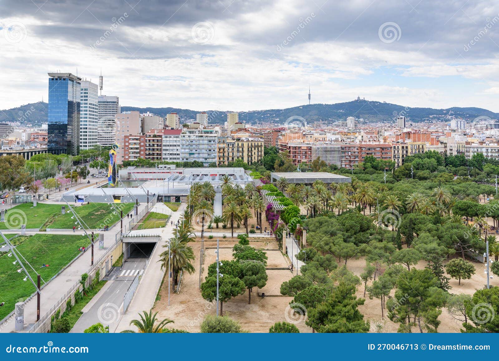 view north from the arena on plaza de espania across joan miro park. barcelona, europe
