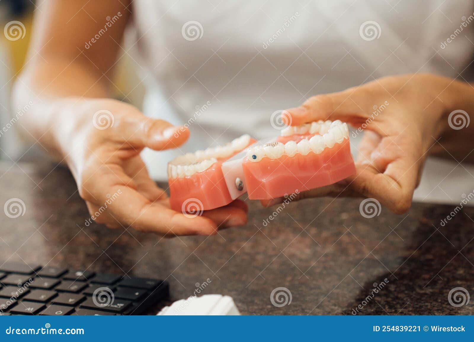 View of a Nurse Preparing the Dentures while Holding it Over a Brown