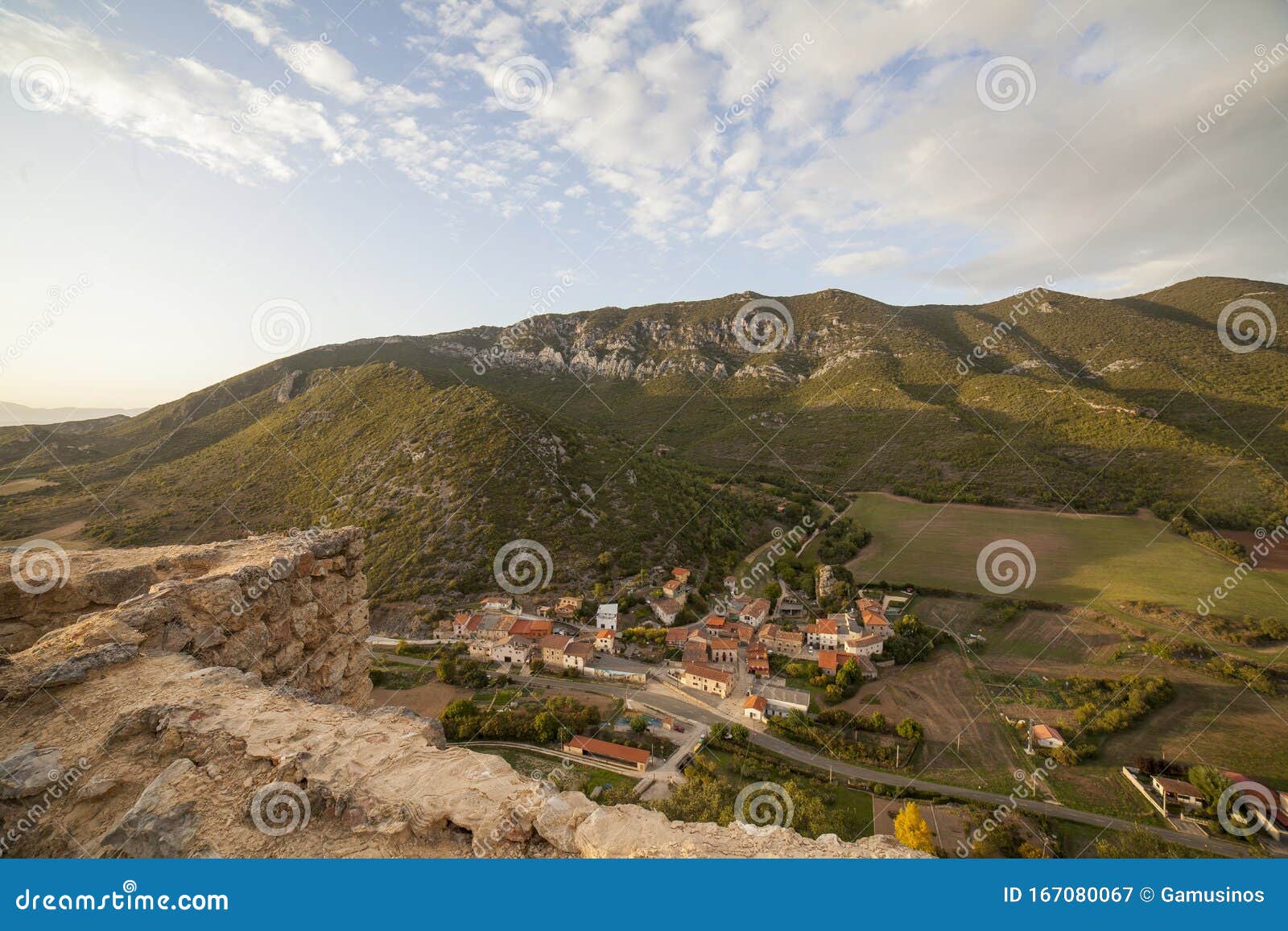 view of ocio village, alava, spain from lanos castle