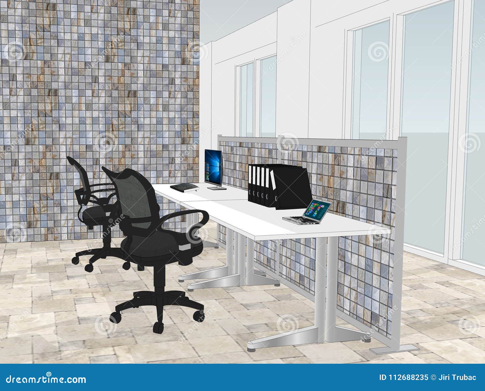 View of Office Space with a with Stone Wall in Background Stock  Illustration - Illustration of design, decorative: 112688235