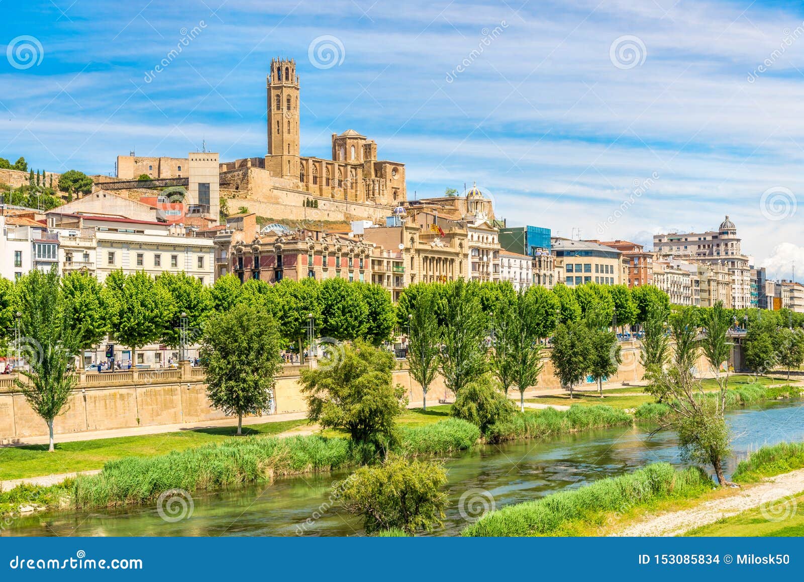 view at the old cathedral seu vella with segre river in lleida - spain