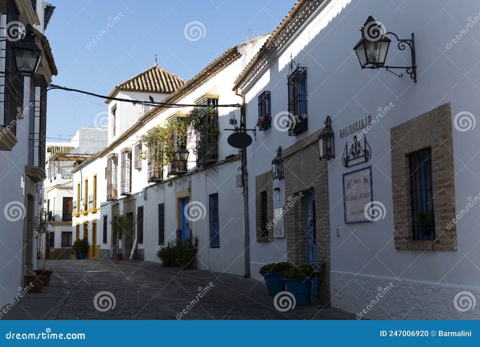 view on old part of cordoba, san basilio quarter with white houses and flowers pots