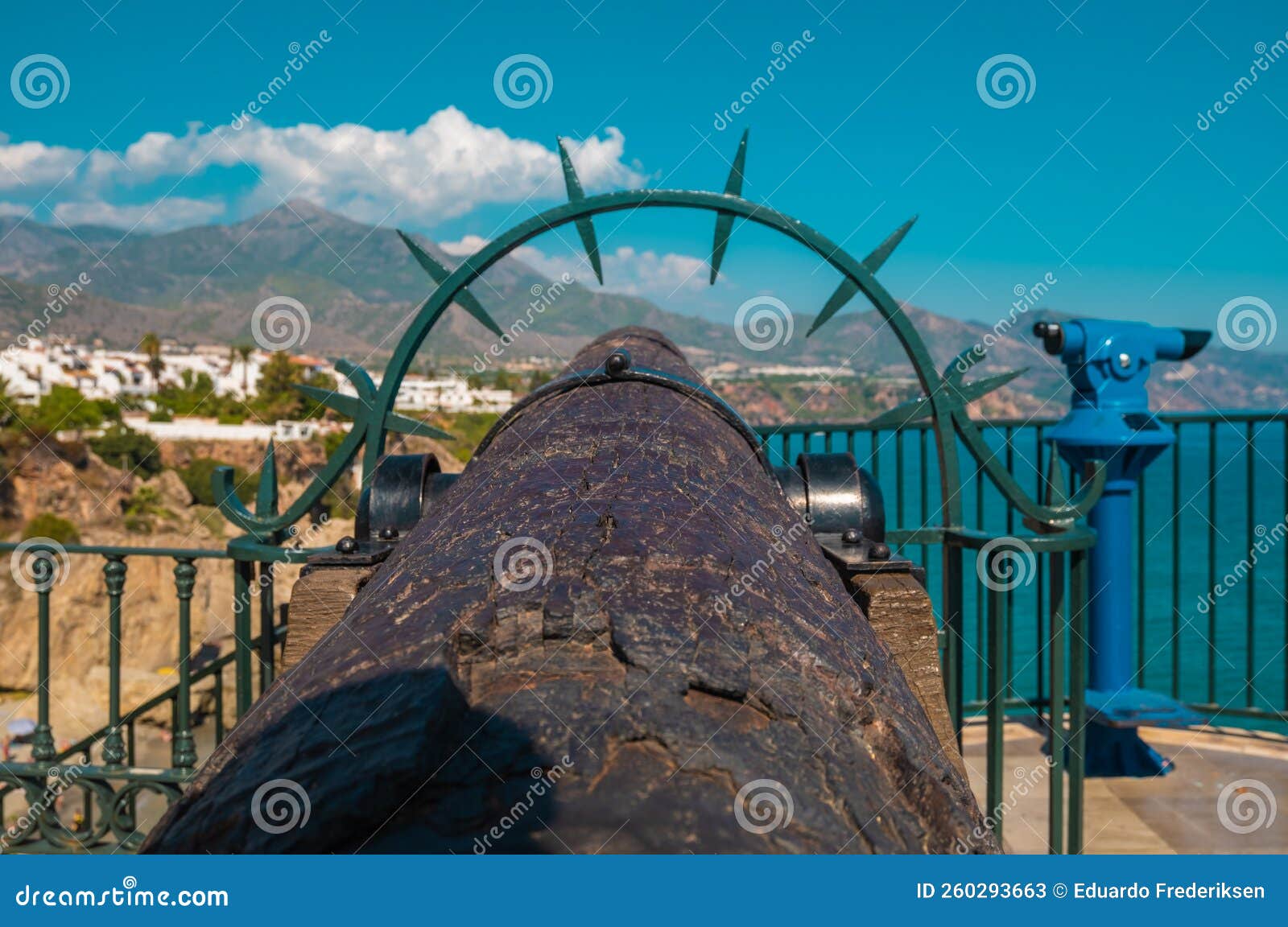 view of old spanish war cannon facing nerja beach