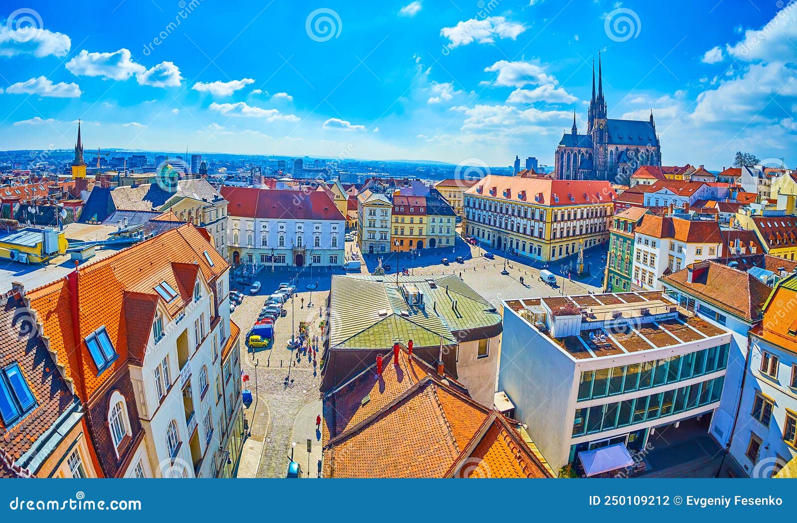 the view on old town of brno with zelny trh cabbage market square and huge cathedral of saints peter and paul, czech republic