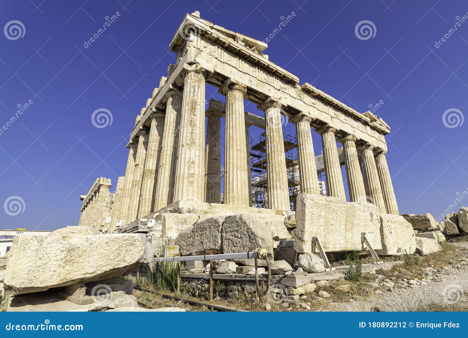 view of one of the sides of the facade of the partenon in athens, greece