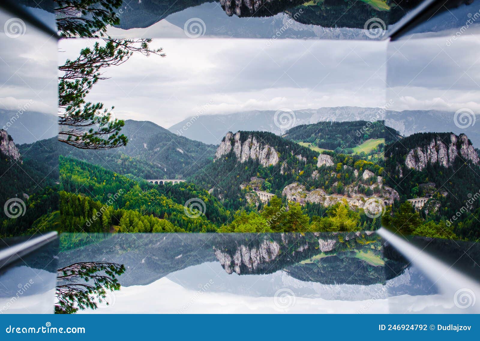 view through an optical device reflecting semmering railway with surrounding mountain scenery, krauselklause viaduct in