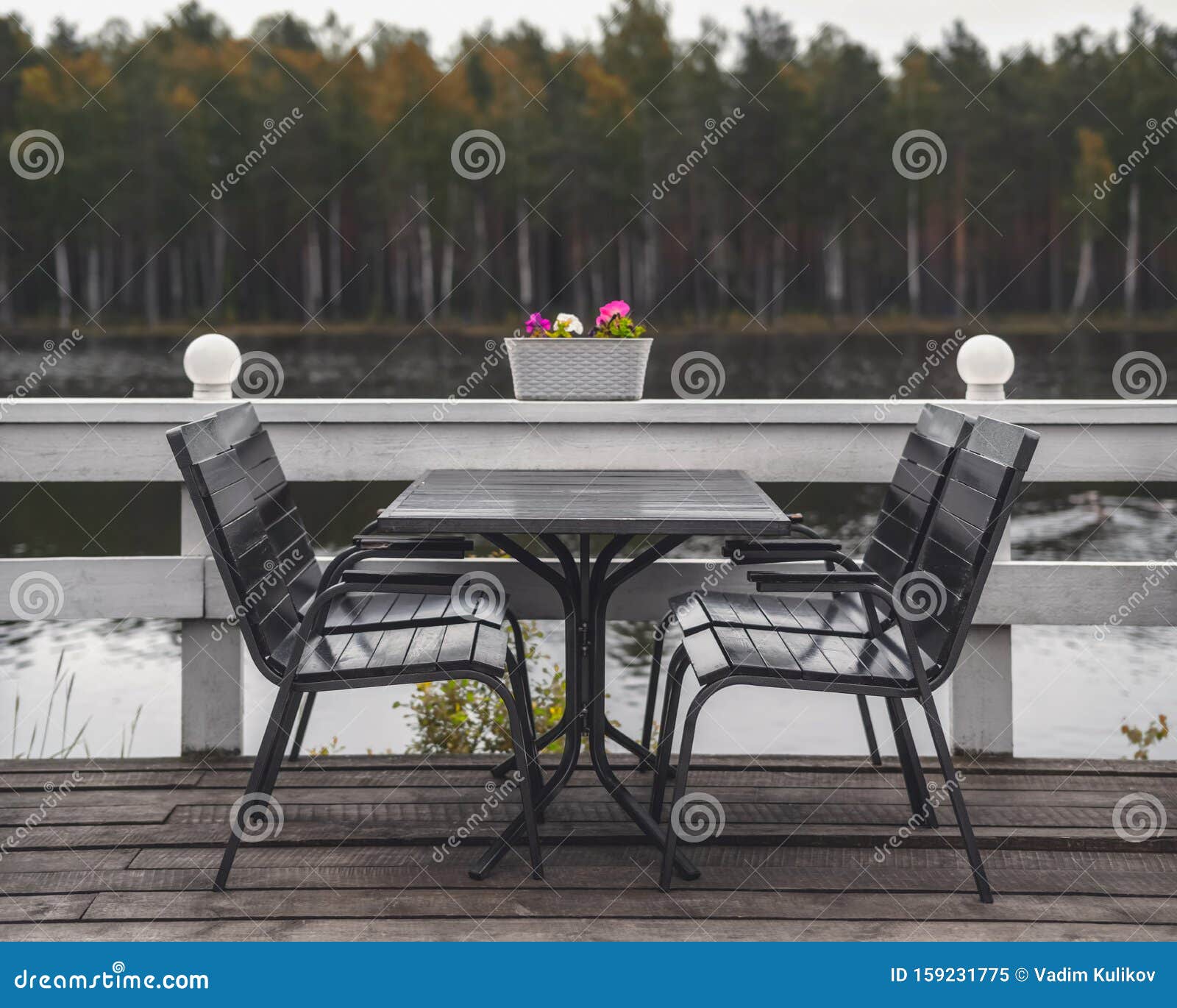 View from an Outdoor Cafe on the Background of a Forest Lake Stock
