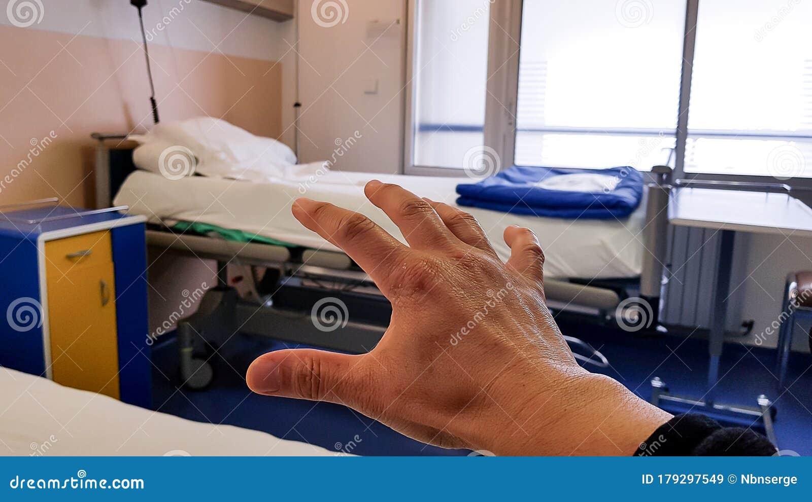 View of an Outstretched Hand with Hospital Bed on the Background.  Loneliness, Fear and Pain in Hospital Due To Illness or Death Stock Image -  Image of beaten, adult: 179297549
