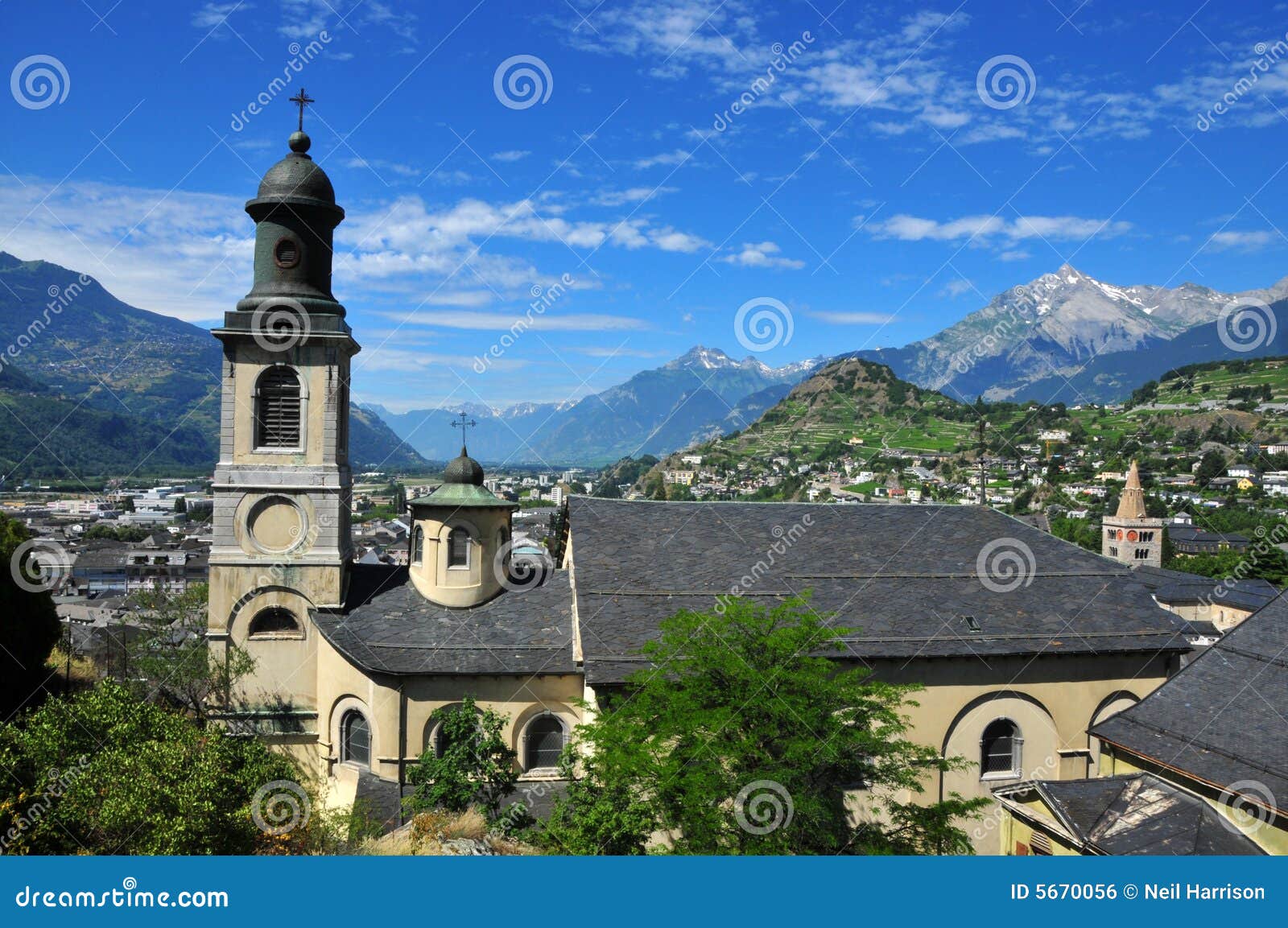 view over church in old town of sion