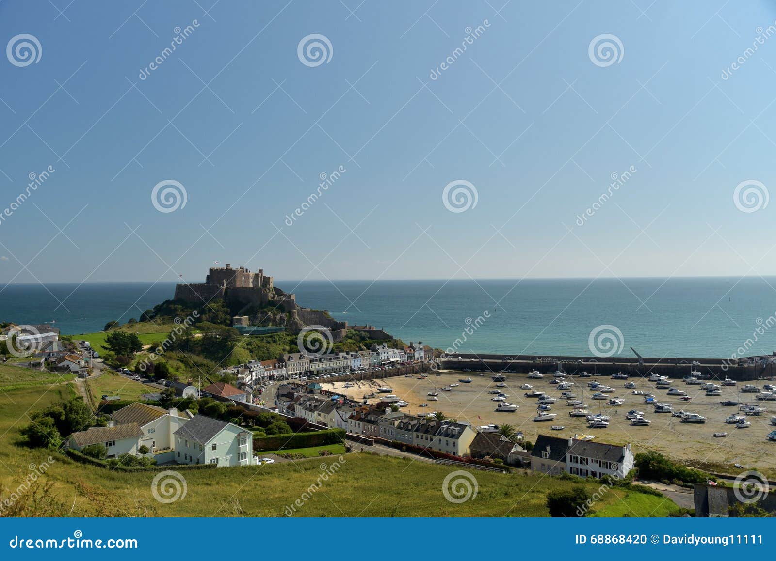 view over gorey castle and harbour, jersey