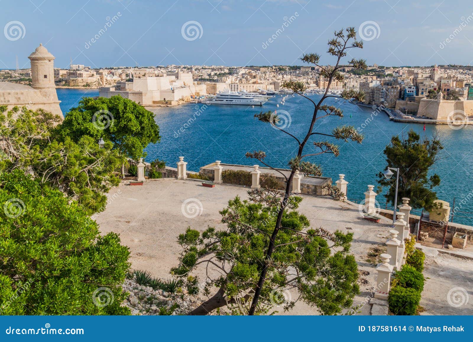 view over grand harbour from herbert ganado gardens in valletta, mal