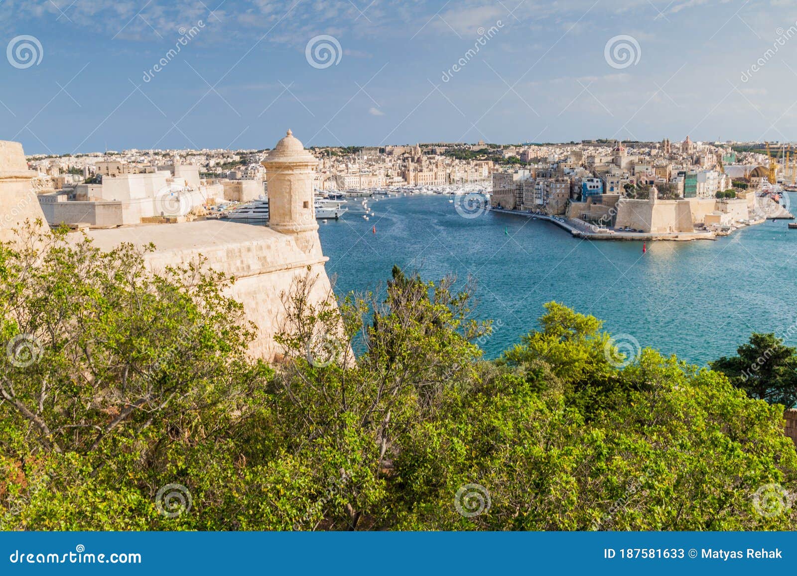 view over grand harbour from herbert ganado gardens in valletta, mal