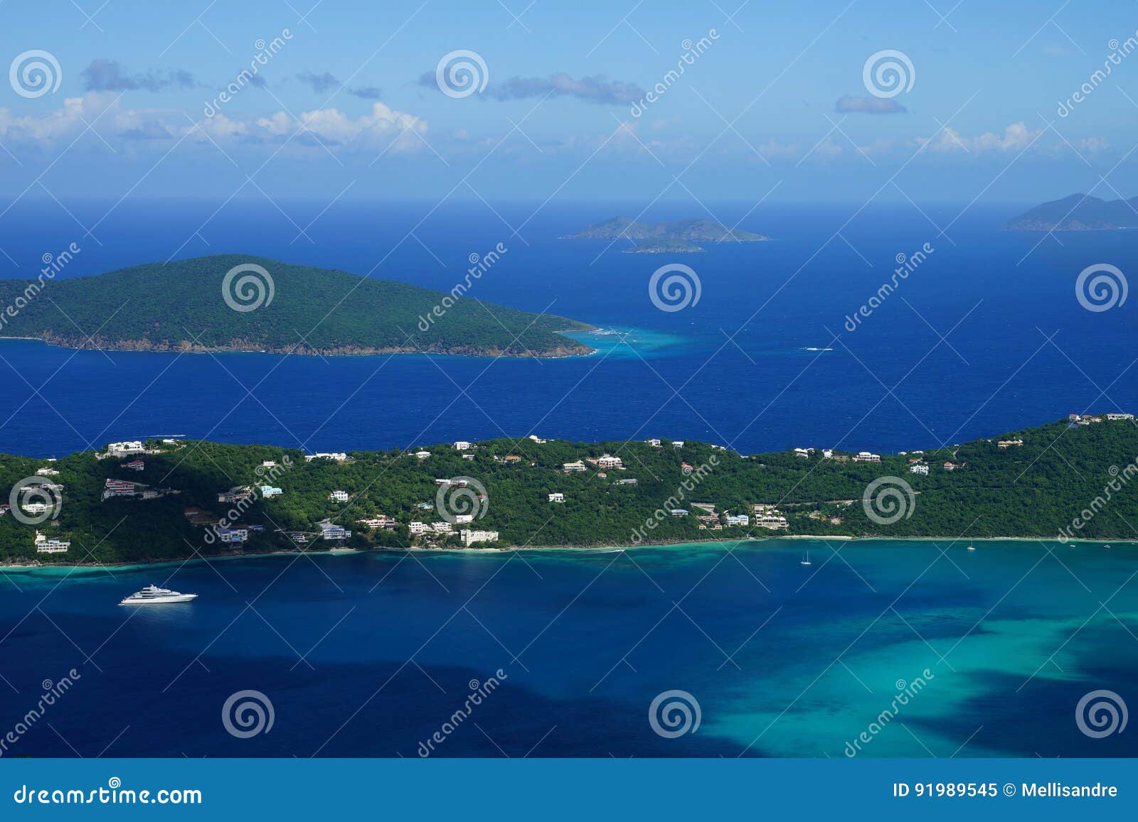 A view over Hans Lollik USVI Little and GreatTobago BVI, Jost Van BVI islands from ST. Thomas vista point over Magens Bay