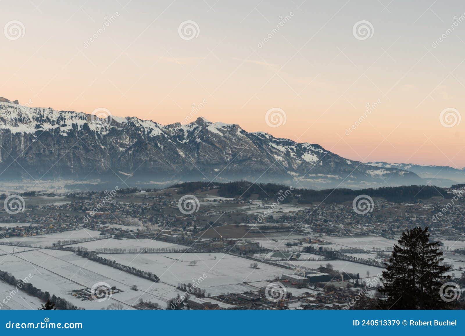 view over the rhine valley from planken in liechtenstein in the morning time