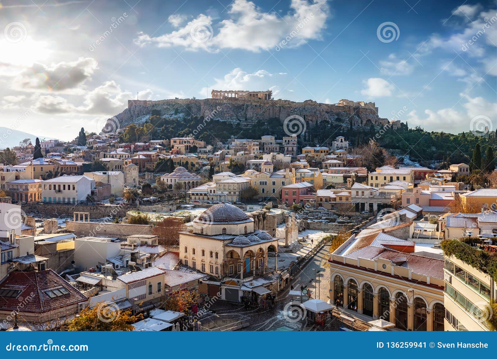 view over the snow covered old town plaka of athens greece stock image image of ancient attraction 136259941