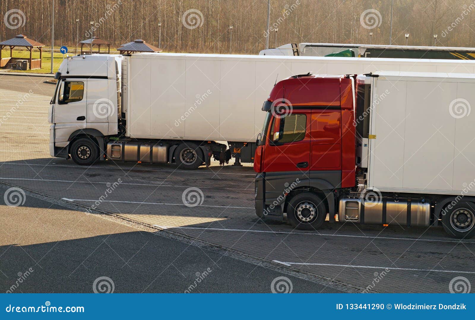 View Of Parked Trucks Parking For Trucks At The Highway Stock Photo
