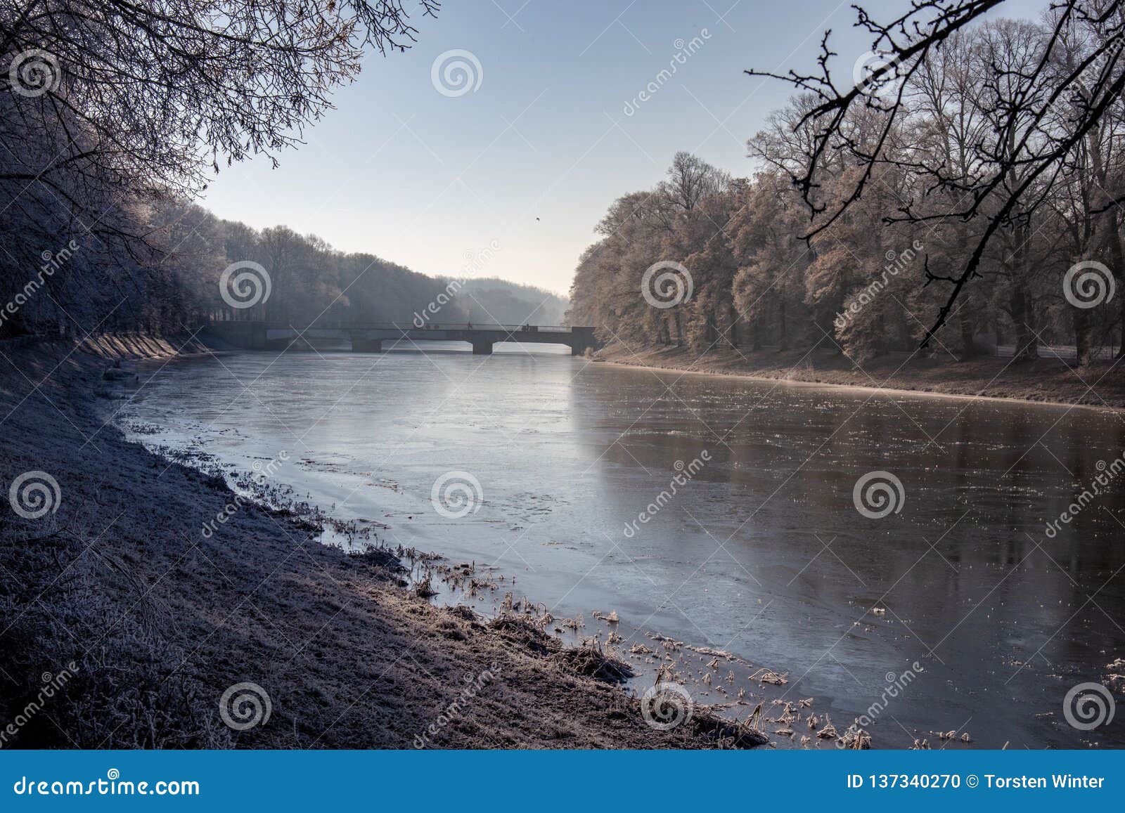 view of the partially frozen river