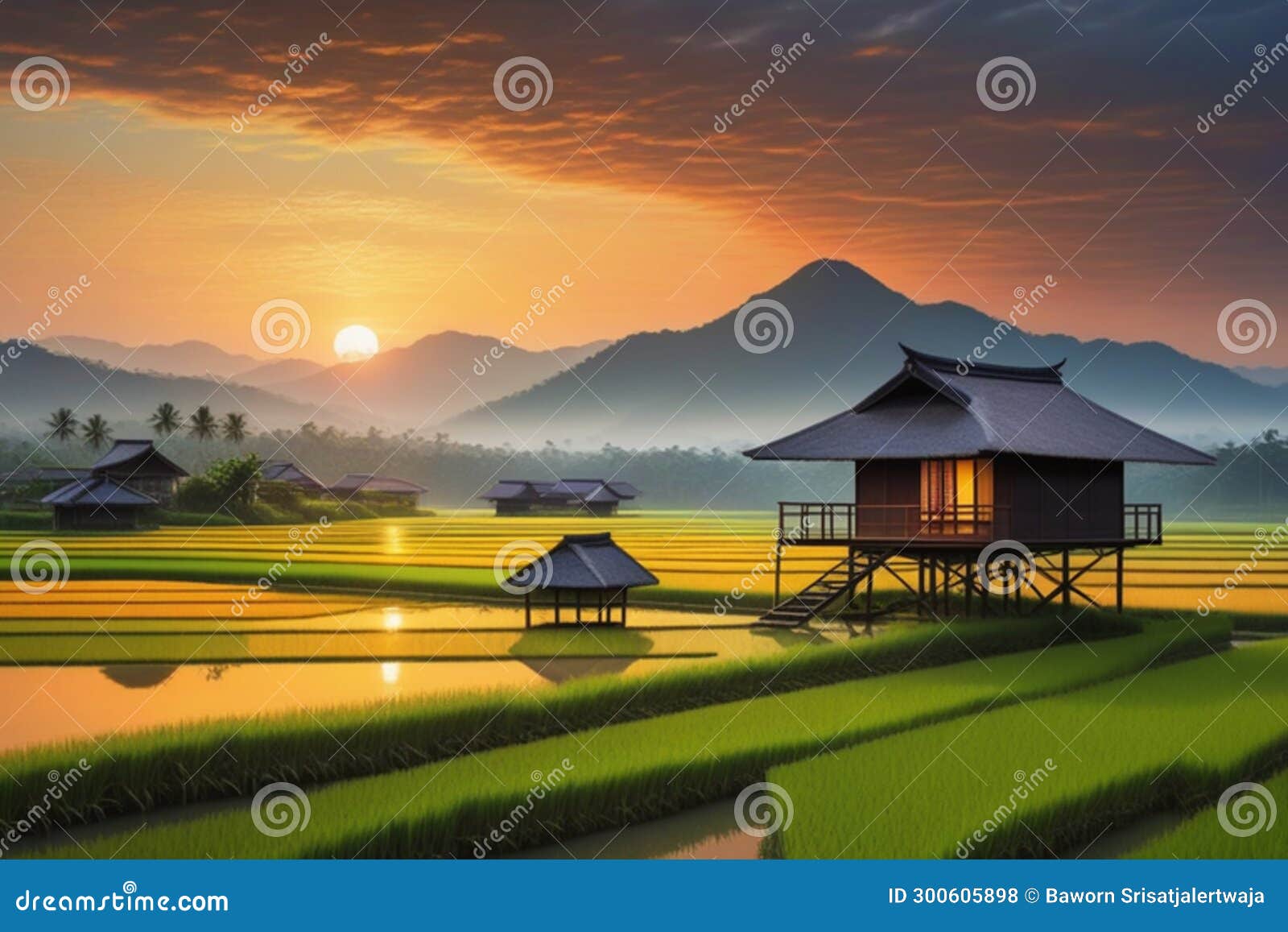A View of a Peaceful Village. Village Houses with Rice and Paddy Fields