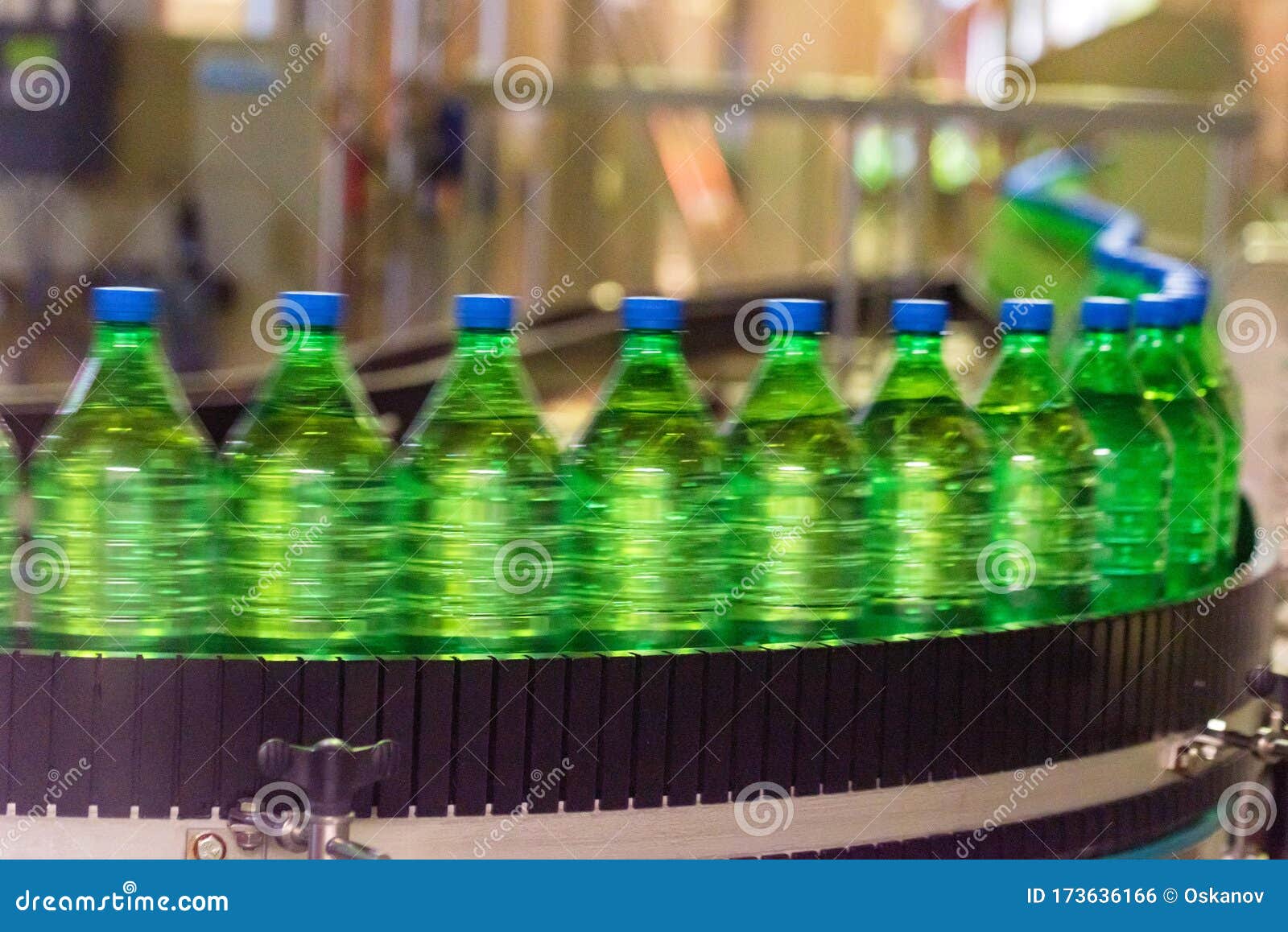 View of Plastic Bottles at Bottling Line at Soft Drinks Factory Stock
