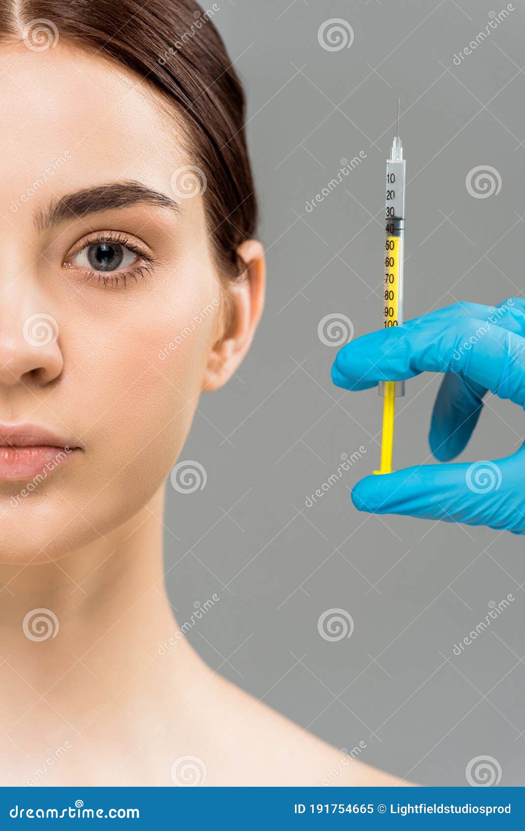 View of Plastic Surgeon Holding Syringe Near Naked Woman Isolated on Grey  Stock Image - Image of nude, health: 191754665