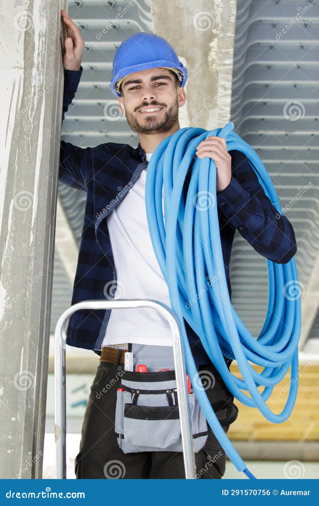 View plumber on ladder stock photo. Image of tool, construction 291570756