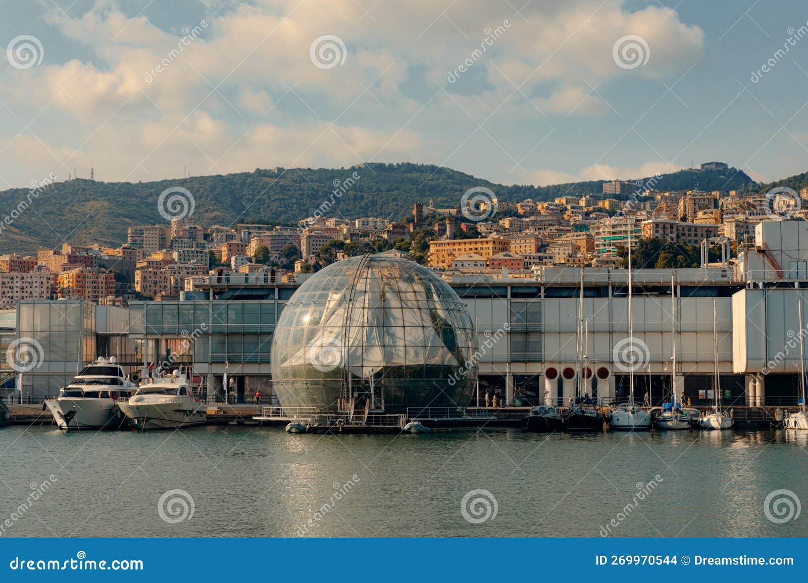 view of the port of genoa dominated by the biosphere green house ed by renzo piano
