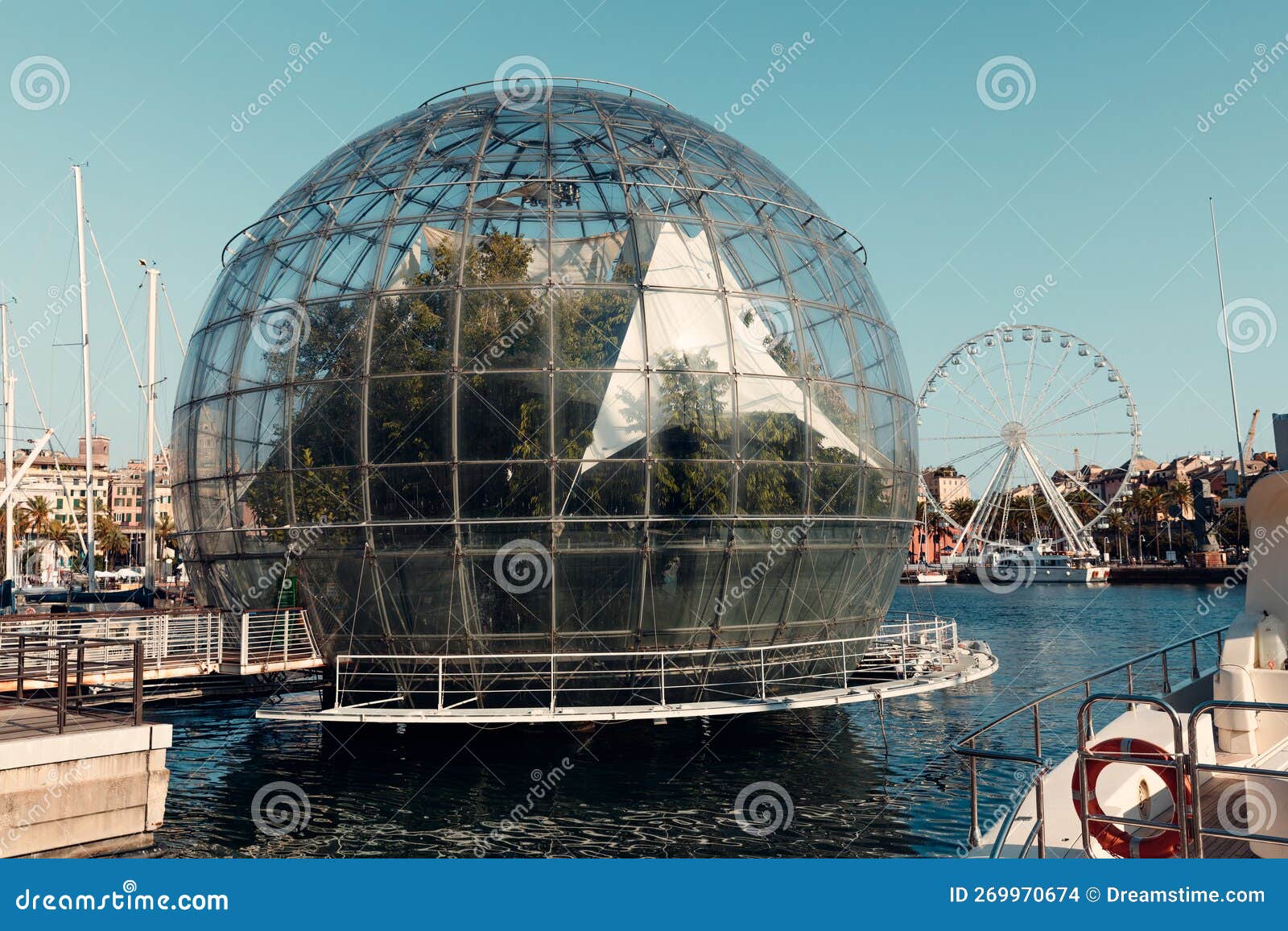 view of the port of genoa dominated by the biosphere green house ed by renzo piano