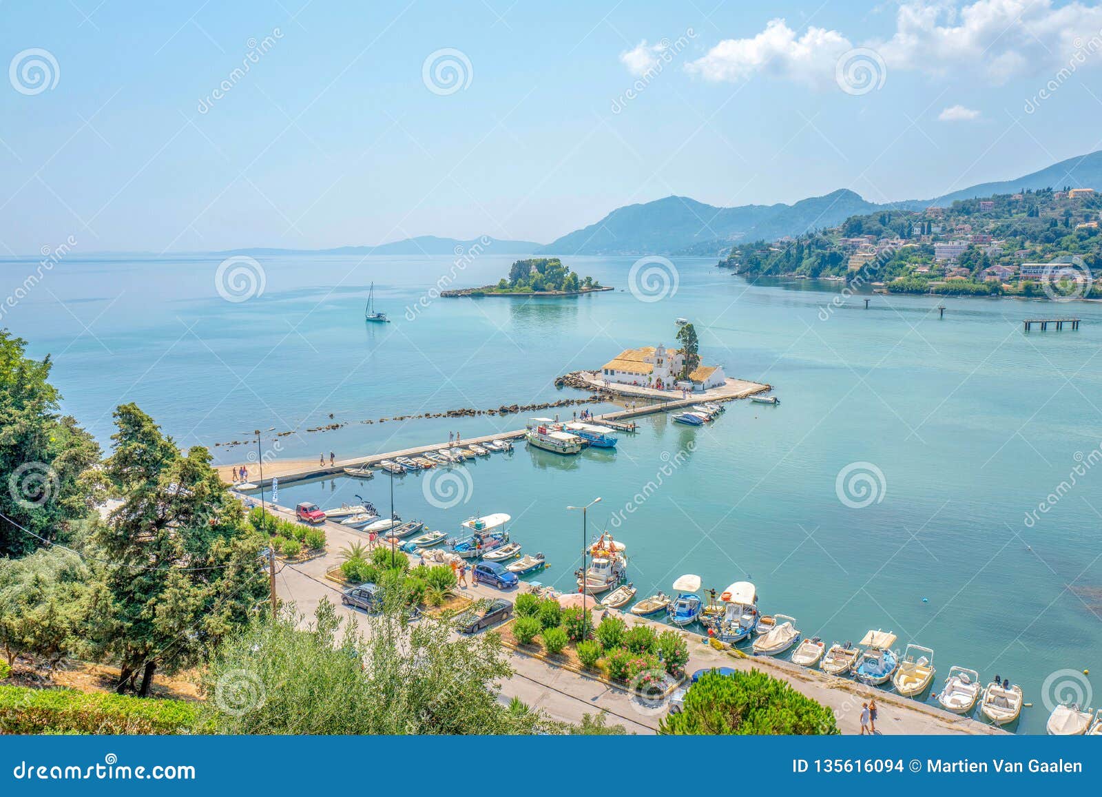 View at the Port of Kanoni with in the Background the Vlacherna ...