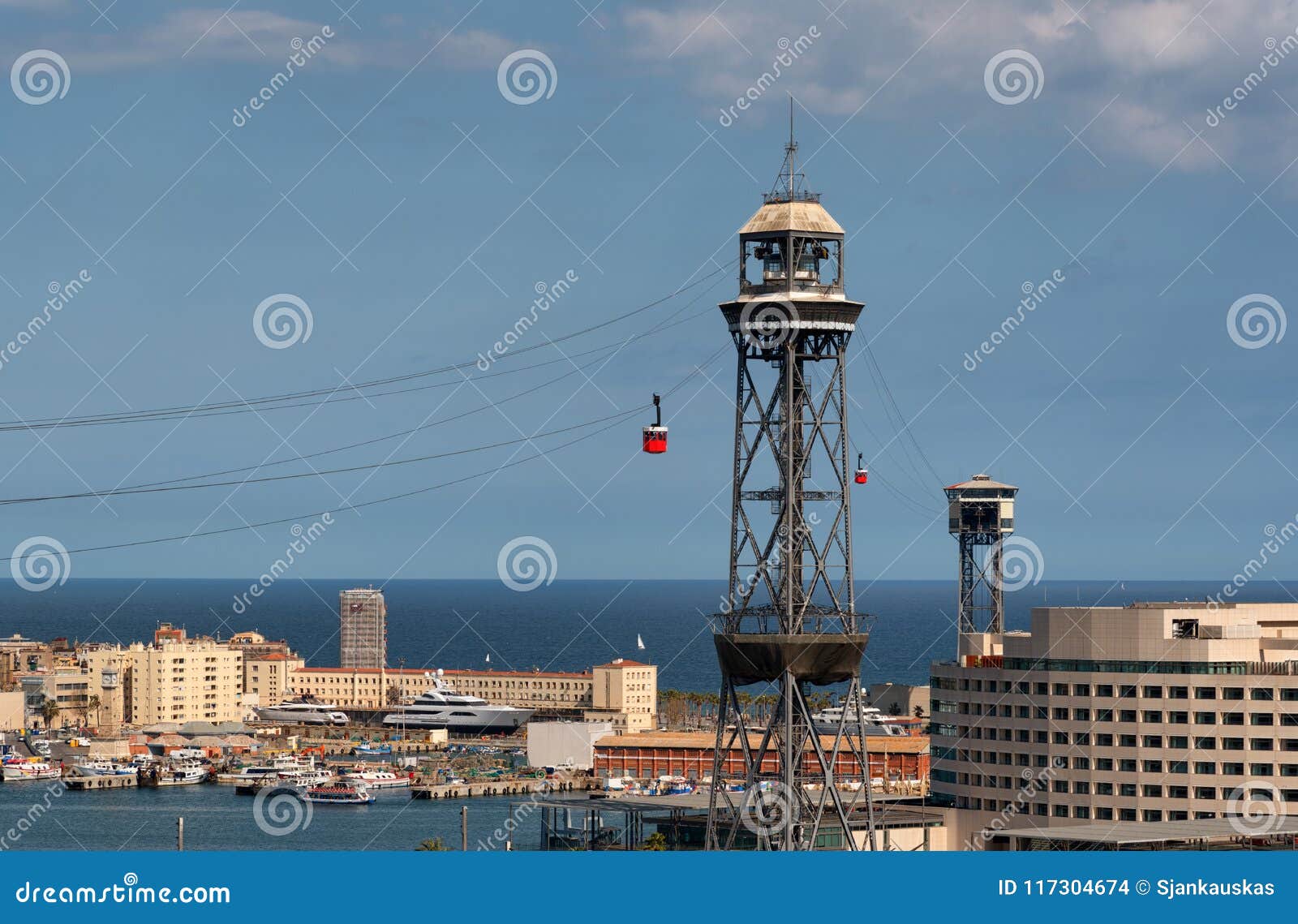 cable car tower of port vell and cruise terminal, barcelona