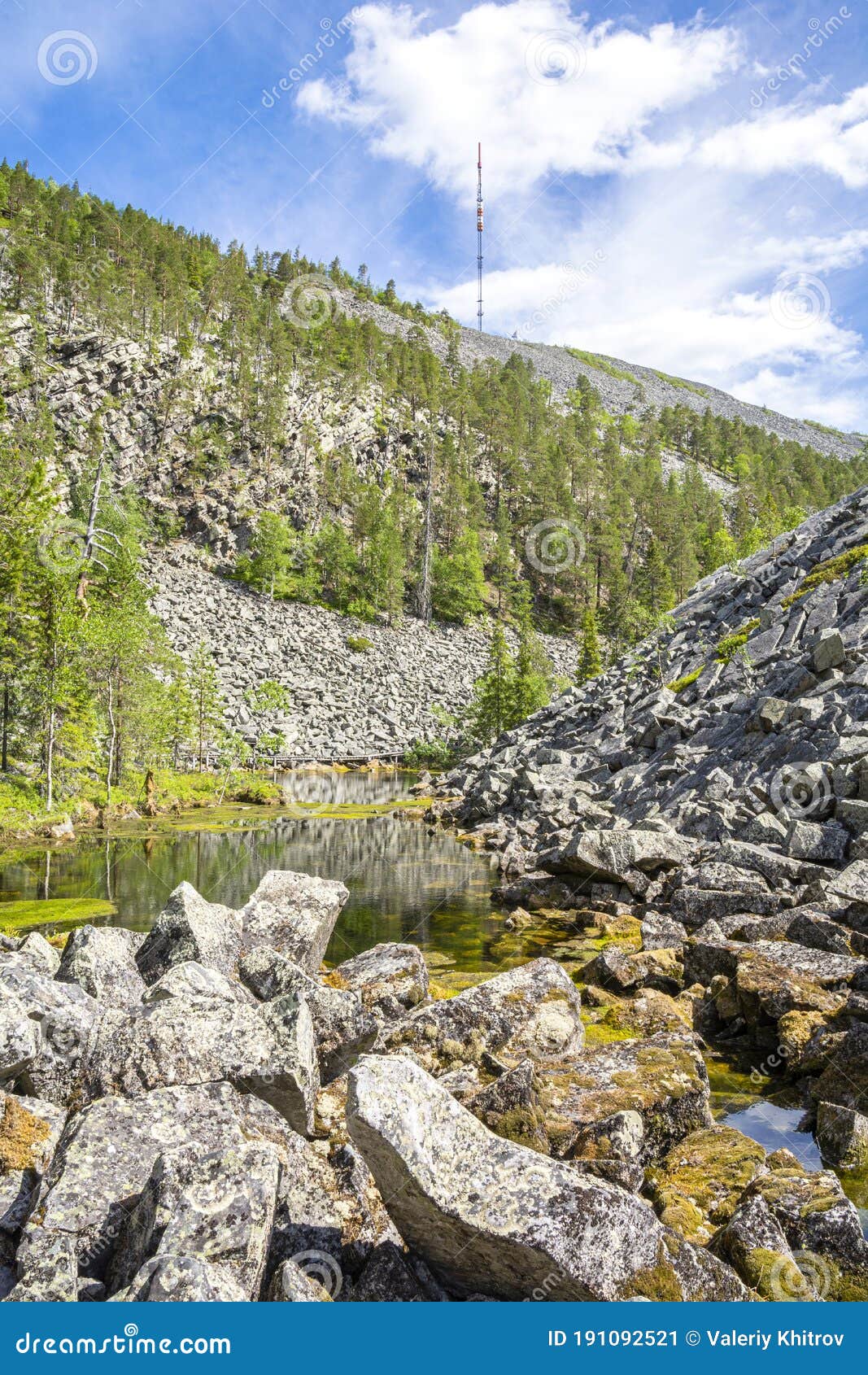 view of the pyha-luosto national park in summer, rocks, stones, trees and natural pond