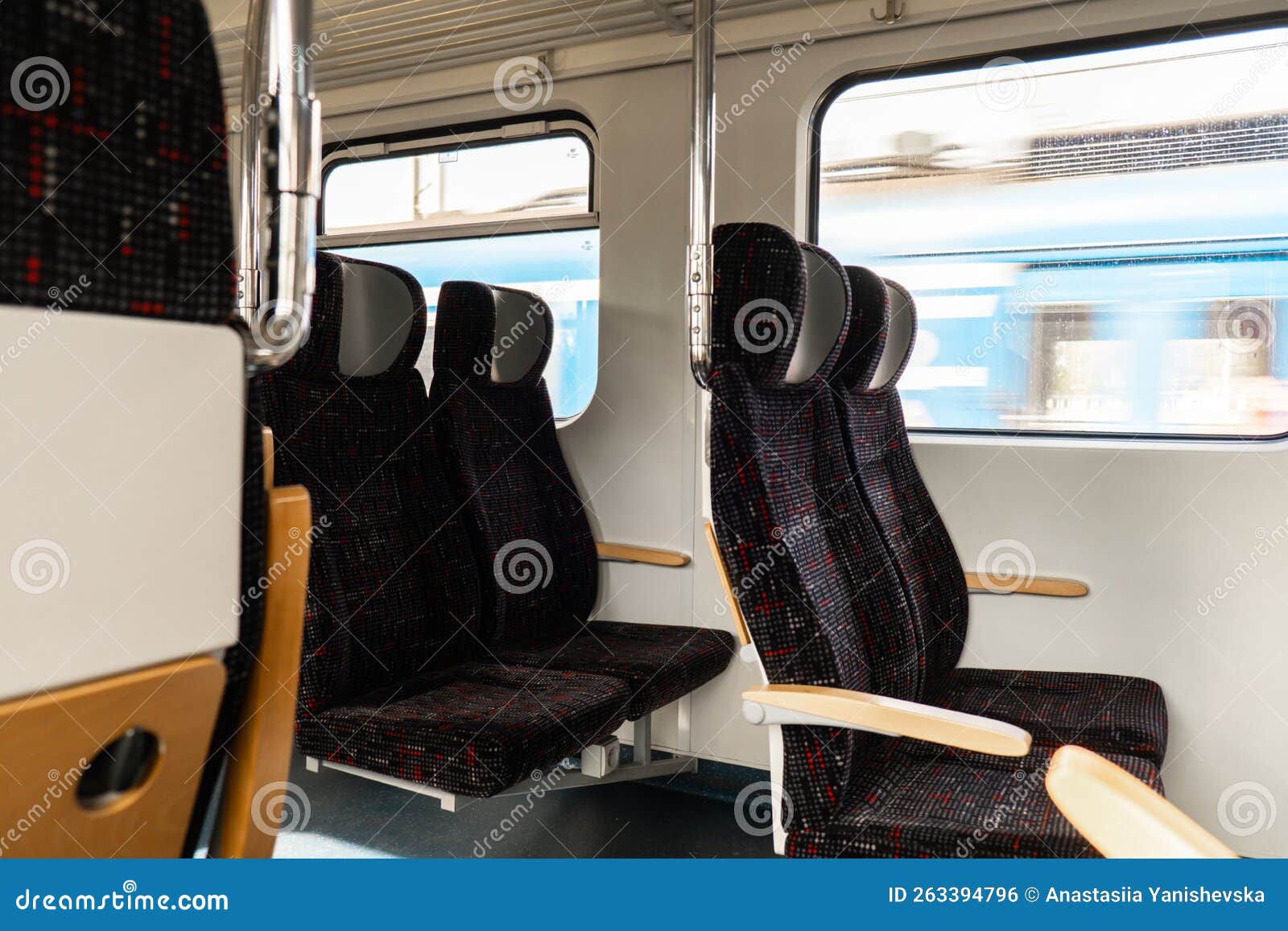 View on Railroad Track from the Window of Fast Train. Interior View at