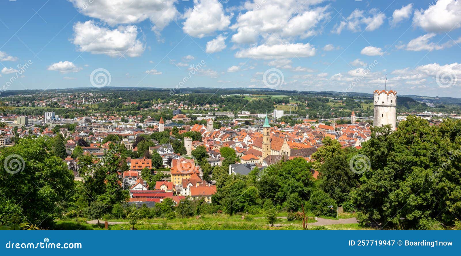 view of ravensburg city from above with mehlsack turm tower and old town panorama in germany