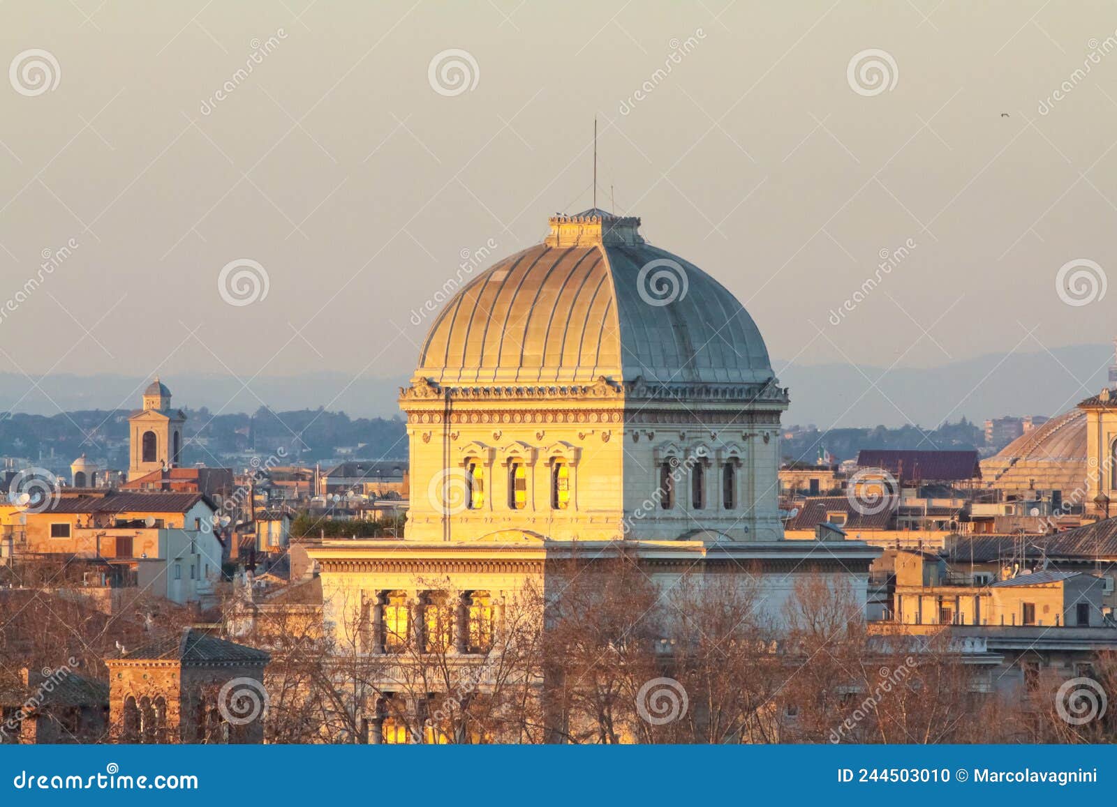view of rome roofs: towerbell of saint augustine church, jewish synagogue and part of pantheon roof