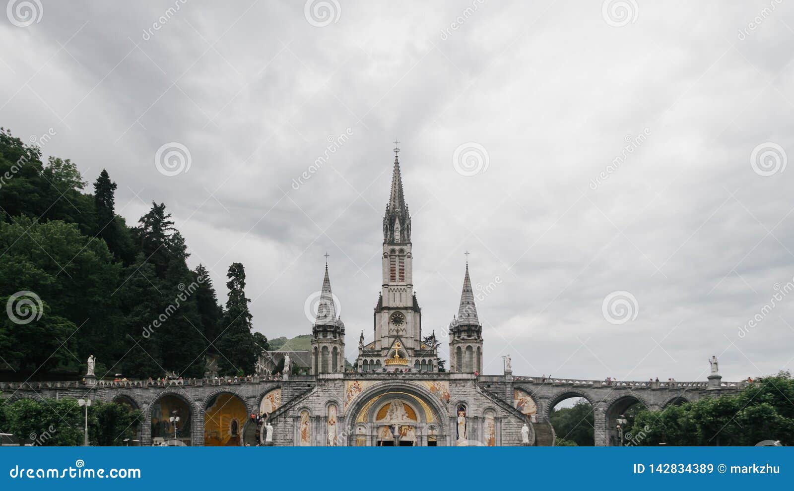 Sanctuary of Our Lady of Lourdes Under Clouds, in Lourdes, France Stock ...