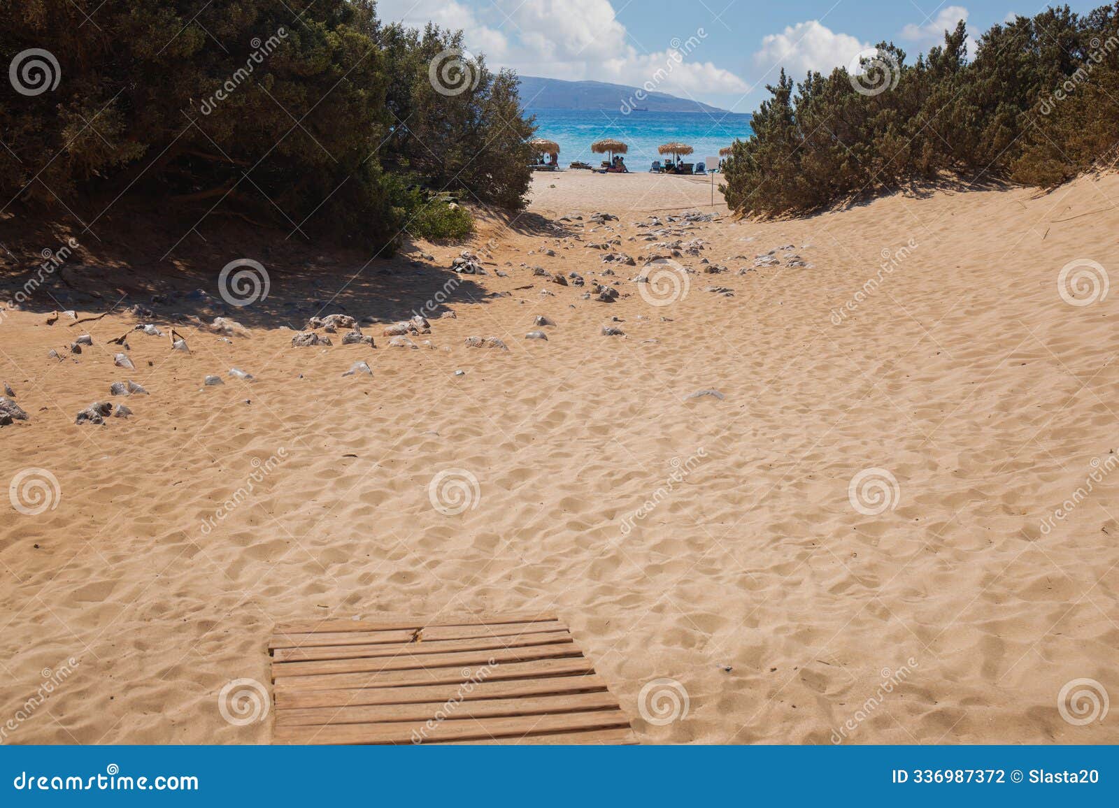 view of sandy simos beach in elafonisos island, greece. elafonisos is a small island with exotic beaches. lakonia, peloponnese
