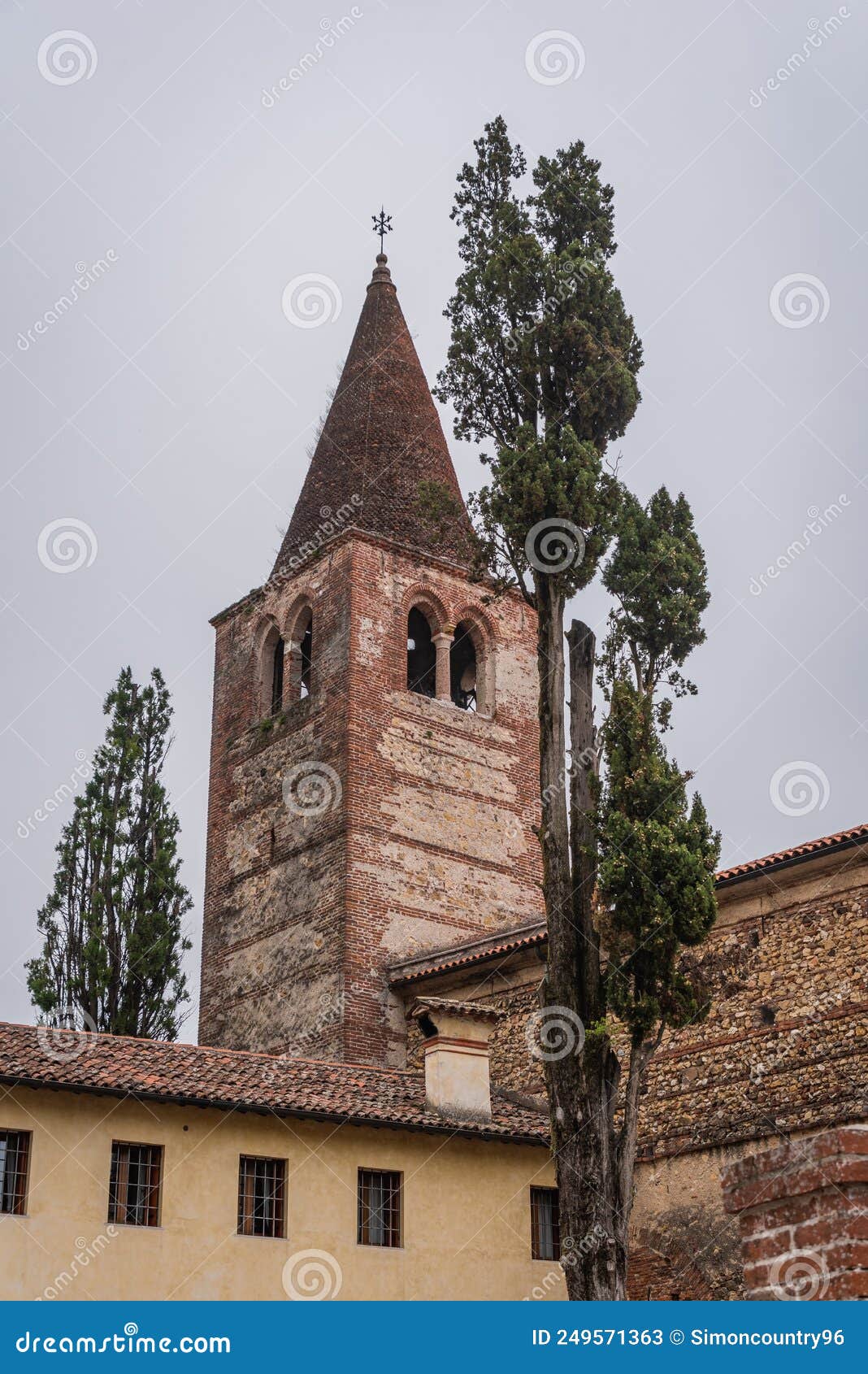 view of sant'antonio abate church bell tower in marostica, vicenza, veneto, italy, europe