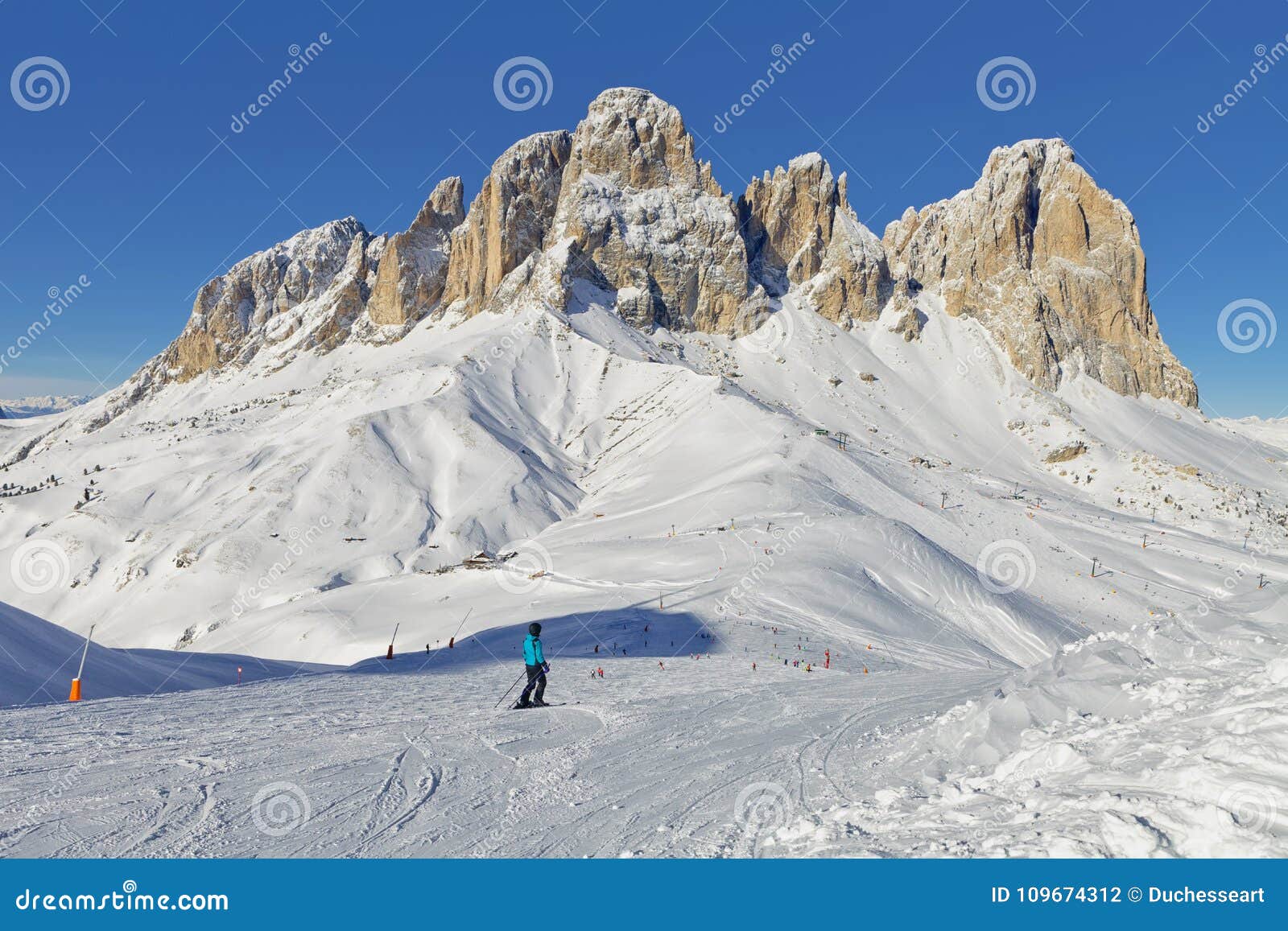view of the sassolungo langkofel group of the italian dolomites from the val di fassa ski area, trentino-alto-adige region, italy