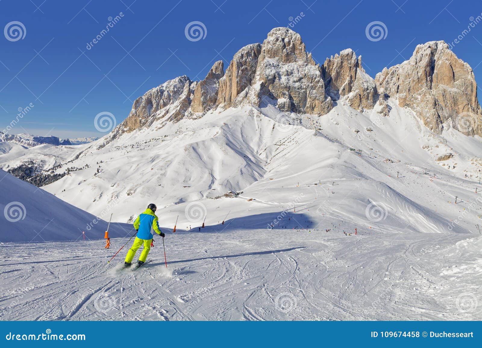 view of the sassolungo langkofel group of the italian dolomites from the val di fassa ski area, trentino-alto-adige region, italy