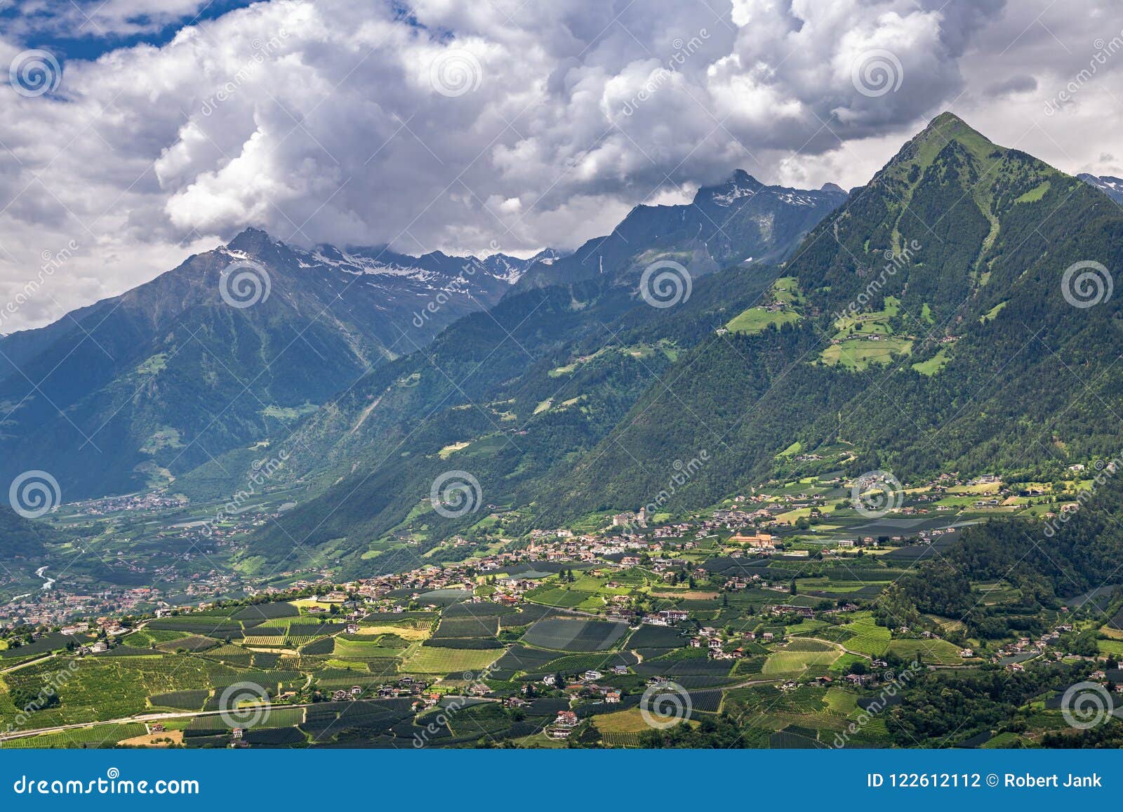 view from the scena waalweg path to tyrol village and the vinschgau