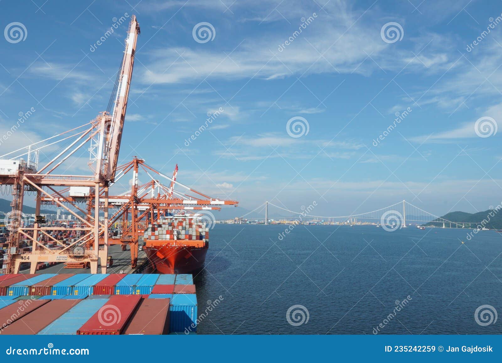 view on second largest container port in korea, kwangyang port in yeosu and yi sun-sin bridge