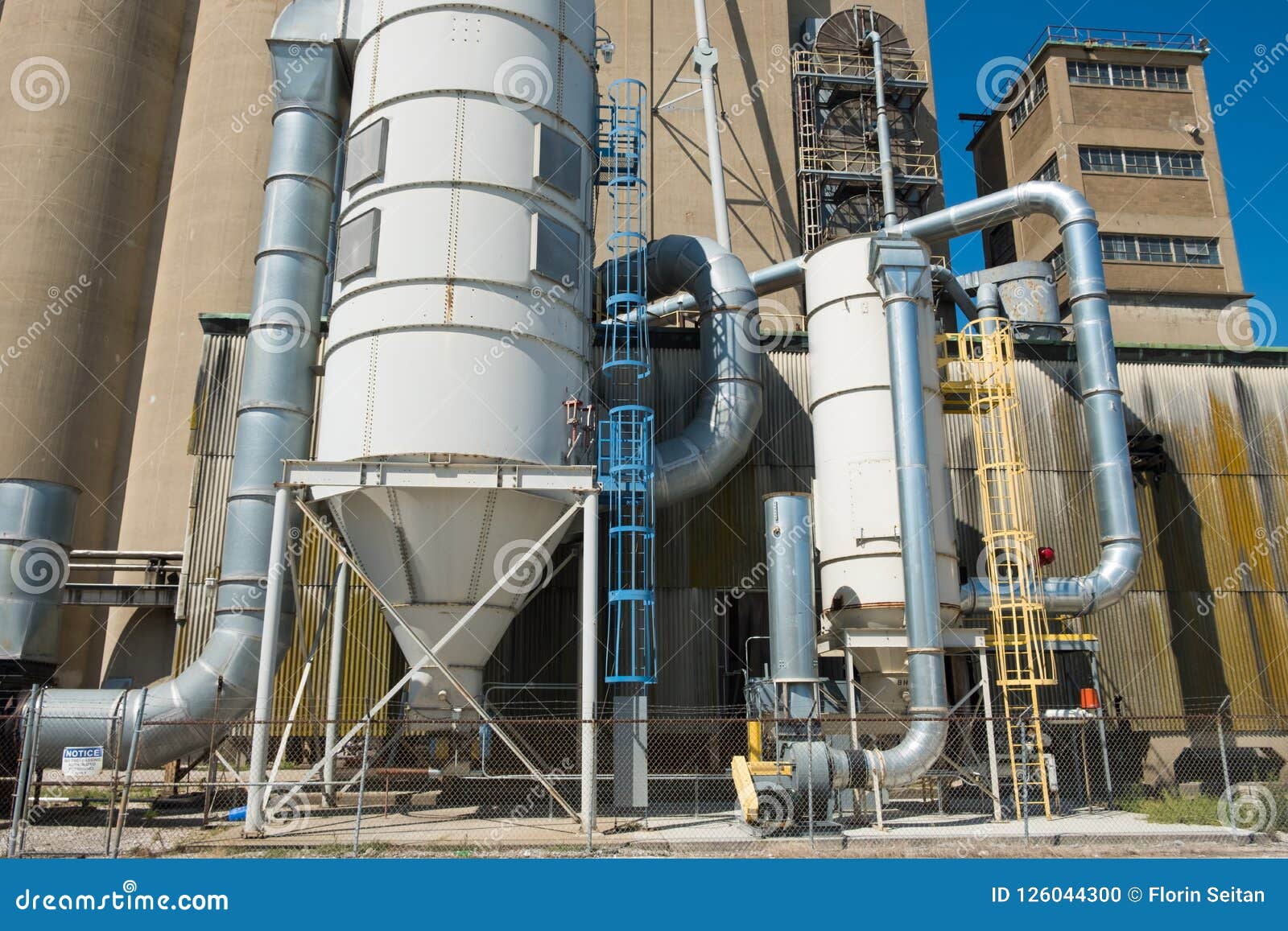 View of section of a grain elevator, an agrarian facility complex used to stockpile and store grain.