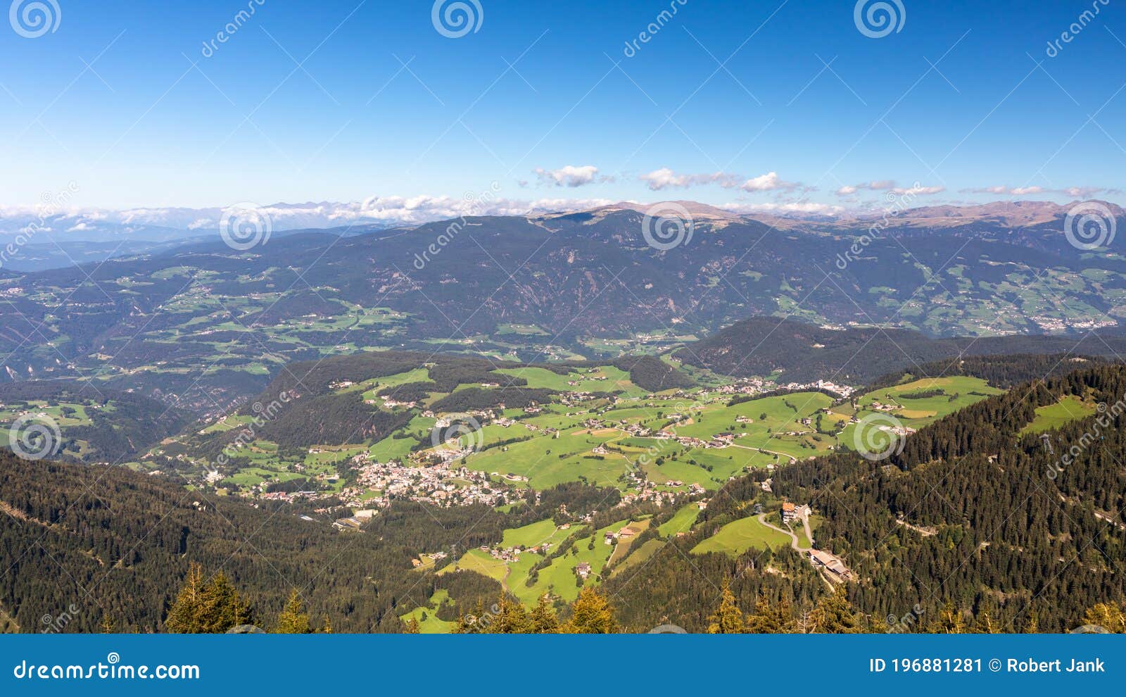 view from seiser alm down into the valley to seis
