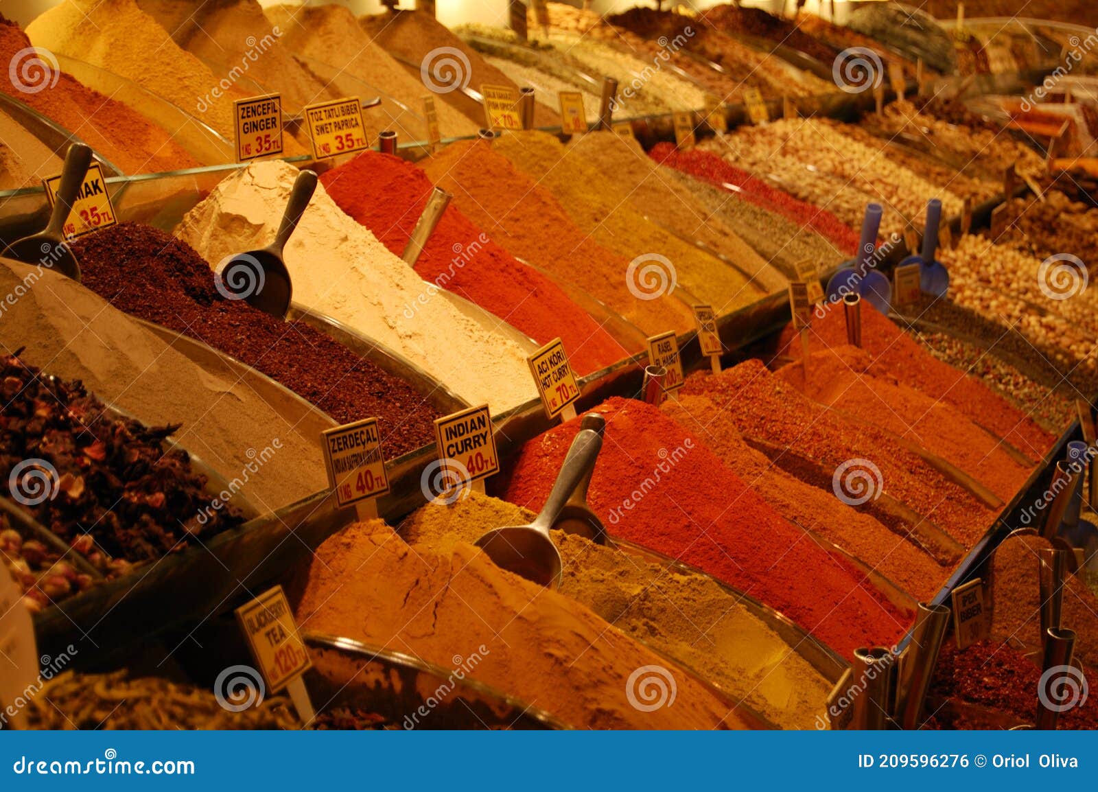 view of the shops of different spices in the grand bazaar, in istanbul turkey