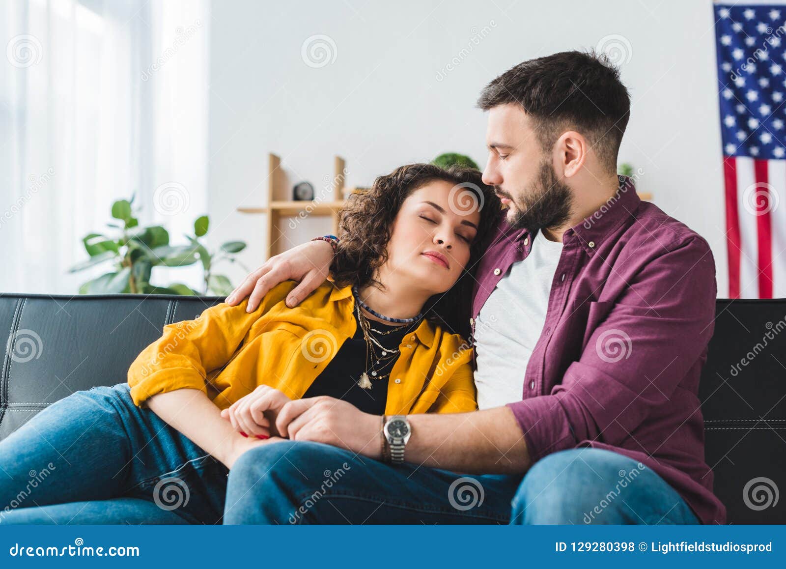 View of Sleeping Woman on Shoulder of Her Boyfriend Stock Illustration