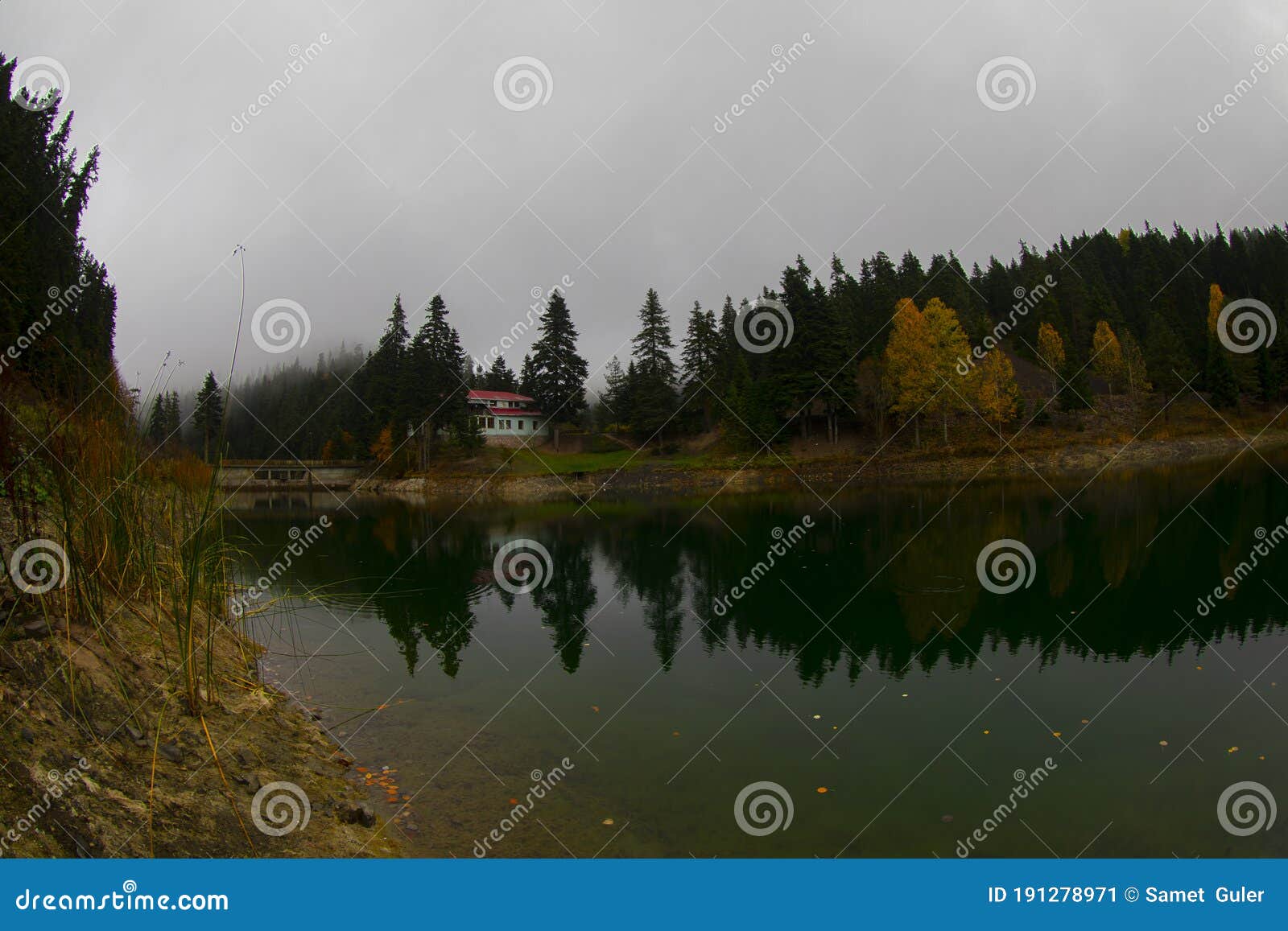 view of small akgol lake in ayancik, sinop around big mountains with high pine trees on cloudy sky background.